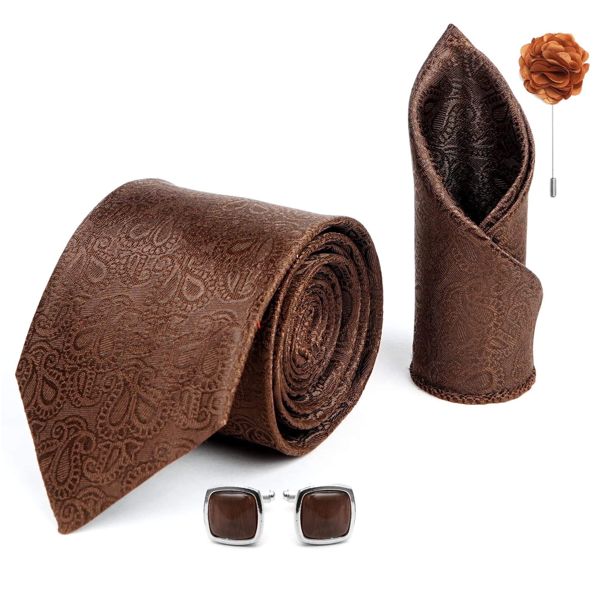Mens Plaid Paisley Silk Necktie Gift Set With Pocket Square Cufflinks & Brooch Pin Formal Tie With Leatherite Box (Brown JCBNRX Free Size)-image-8