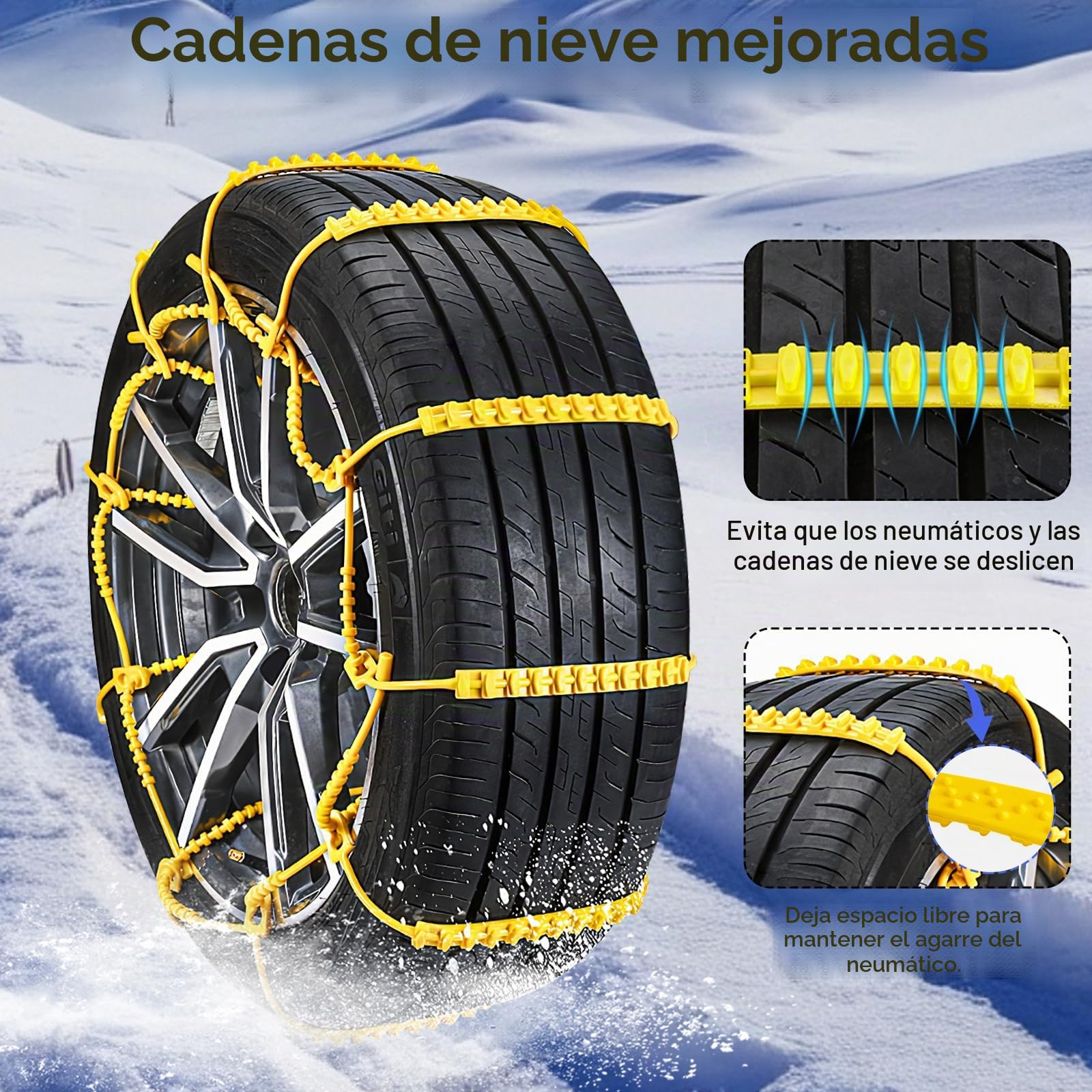 Cadenas de Nieve para Coche 10 PCS Nuevo diseño 2024 Fabricadas con Nylon Mayor Tracción con 11 puntos Antideslizantes Instalación Sencilla sin Herramientas 165mm-265mm