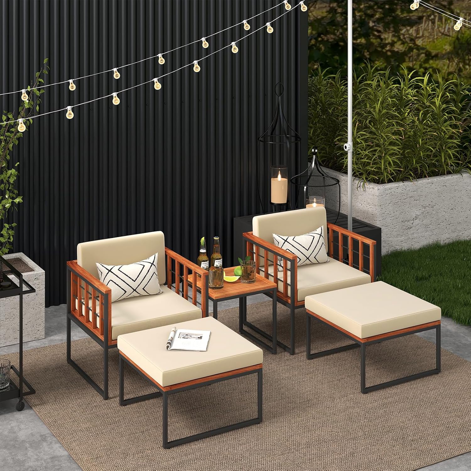 HAPPYGRILL 5 Pieces Patio Conversation Set Acacia Wood Outdoor Furniture Set with Chairs, Ottomans & Coffee Table, Soft Seat & Back Cushions, Patio Wood Chair Set for Backyard Poolside Garden