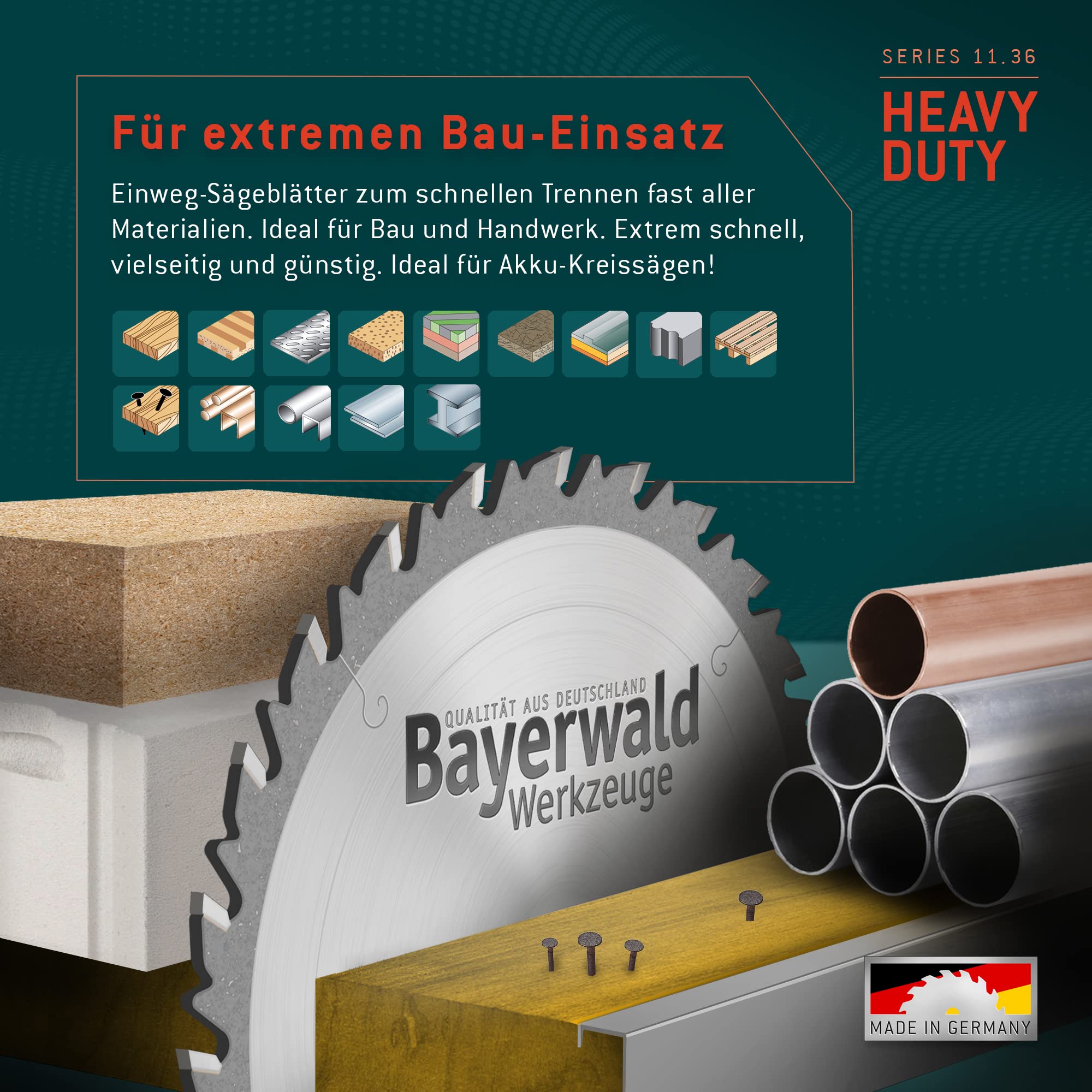 Bayerwald - HM tarcza do piły tarczowej - Ø 355 mm x 2,6 mm x 30/25,4 + 30/20 mm | ząb zmienny (36 zębów) | otwory kombinowane | do jednorazowego użytku na budowach