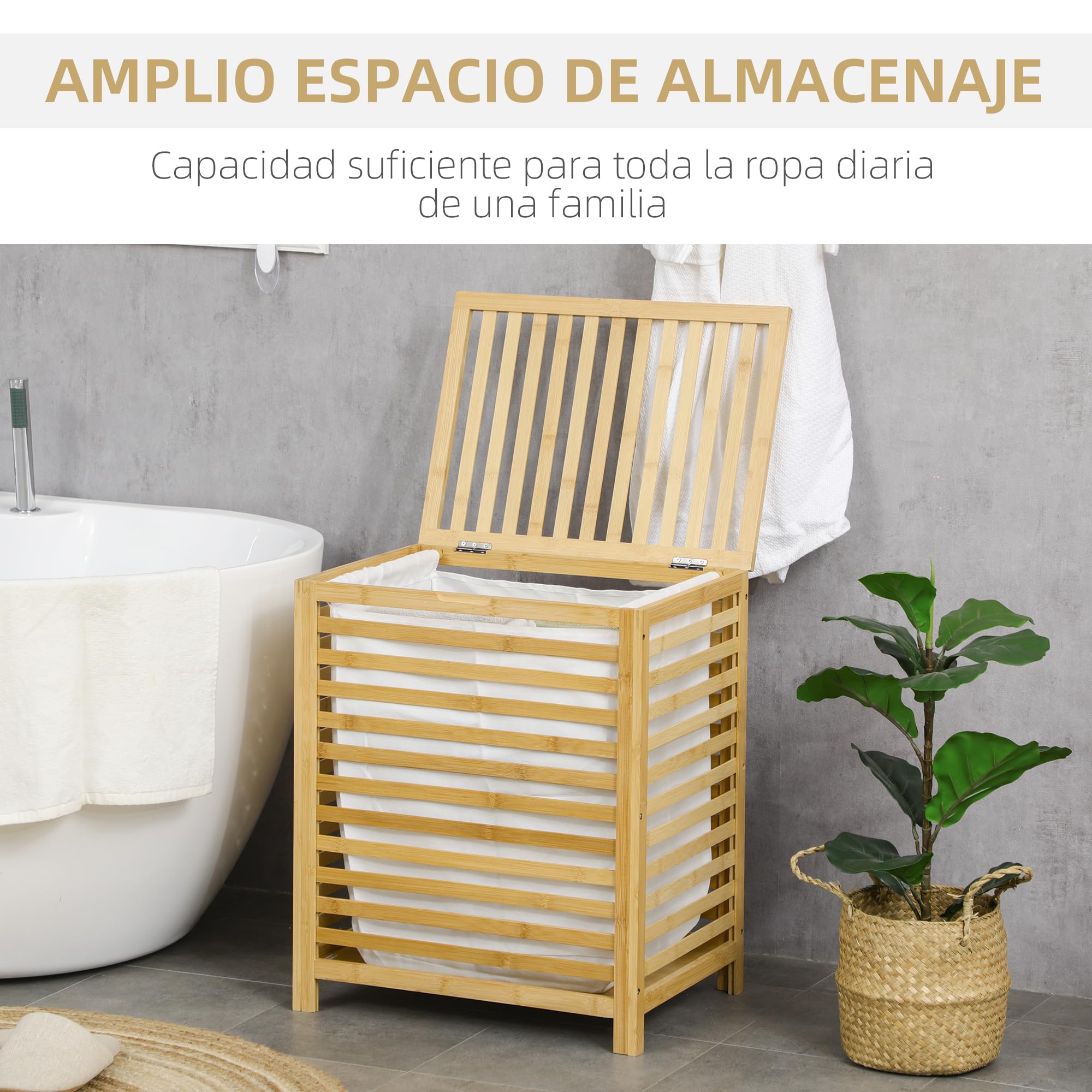 HOMCOM Cesto para Ropa Sucia de Bambú Capacidad de 55L Cesta para la Colada con Tapa 2 Asas y Bolsa Extraíble Forma Rectangular 50x36x60 cm Natural