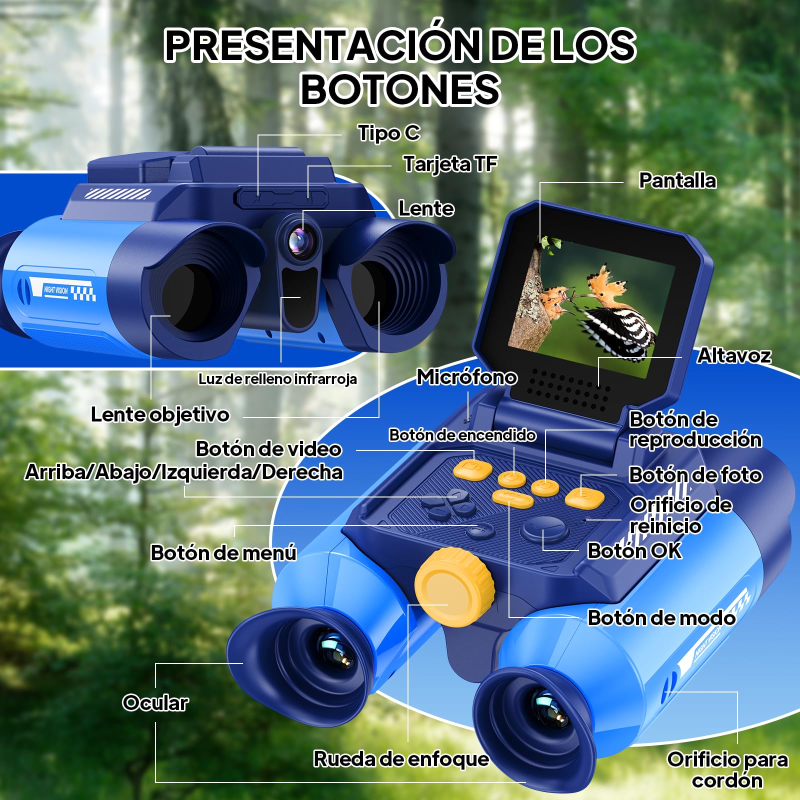 Ashfly Prismáticos Digitales para Niños con Pantalla 2,4", Zoom 10x, Juegos Integrados, Visión Nocturna y Cámara – Juguete Educativo de Exploración, 7+ Años, Azul