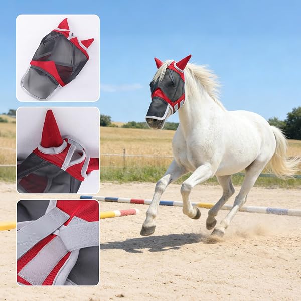 Masque Anti-Mouches pour Chevaux, Couvre-Nez et Oreilles, Protection Anti-UV, Maille Respirante, Grands Yeux, Ouvertures pour Les Poils du Front, sans Frottement, Rouge Large - 3