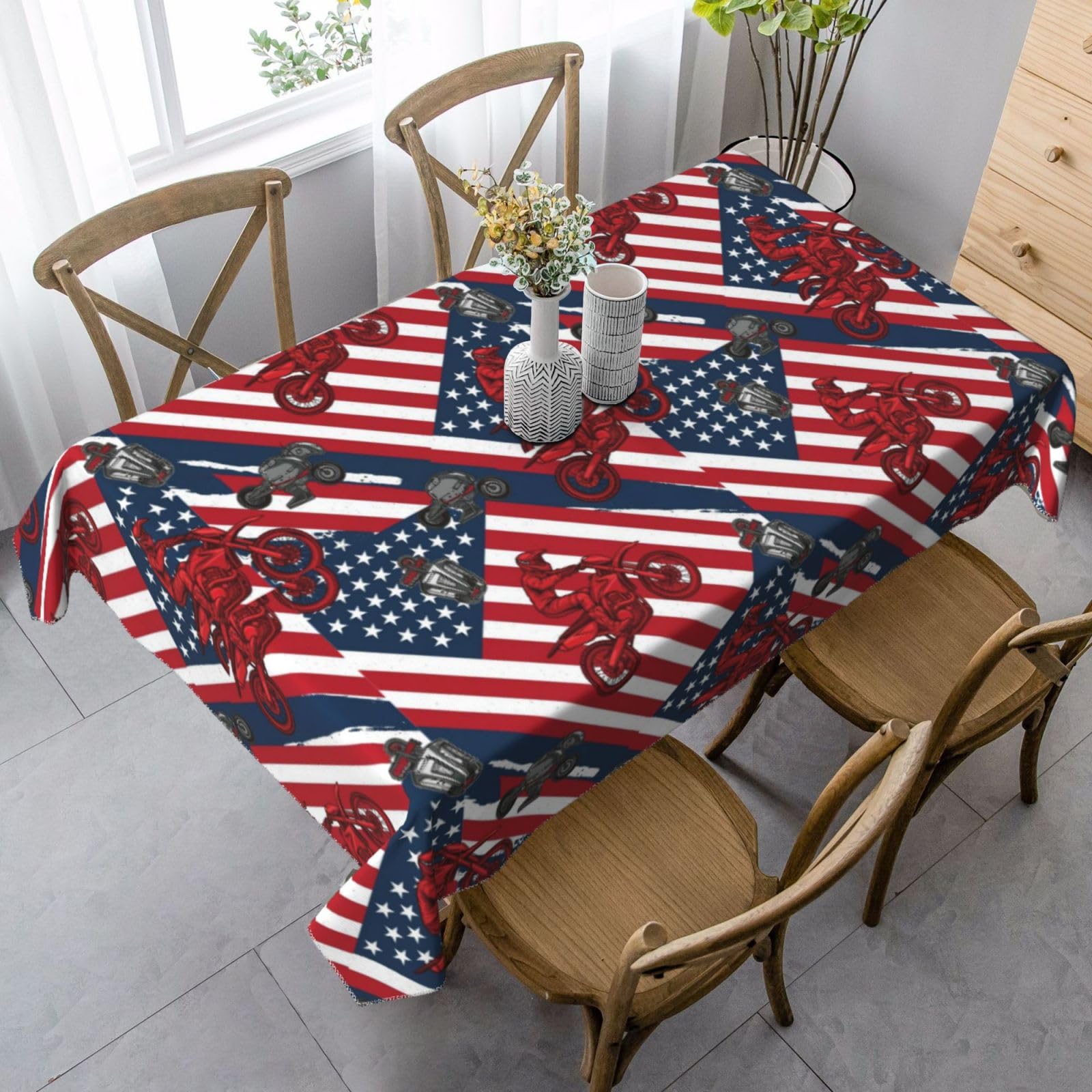 Nappe Moto Motocross 137x183cm - Housse de Table Rectangulaire Motif Drapeau Américain