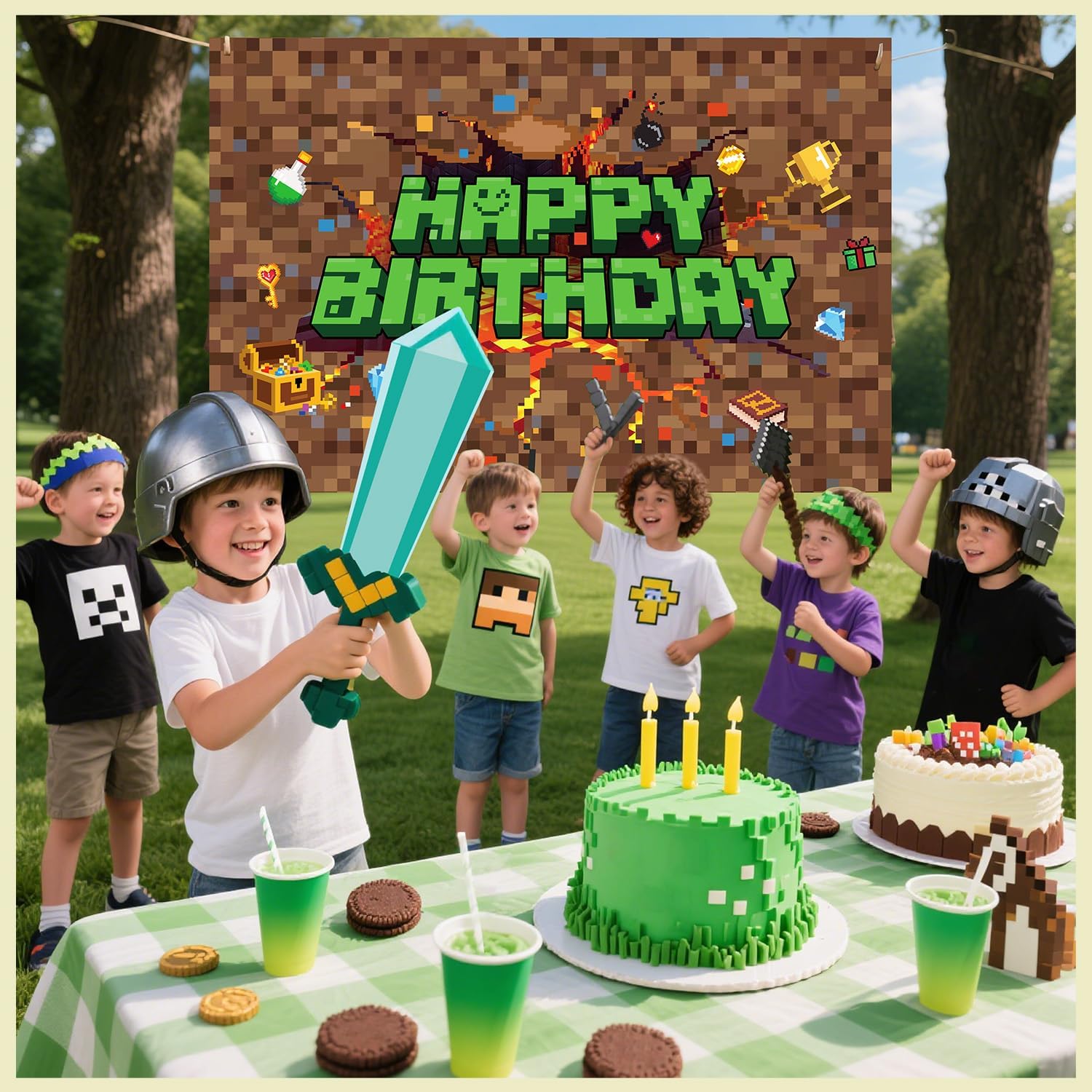 Pixel Birthday Decorations, 5x3 ft Happy Birthday Banner Backdrop for Miner TNT & Pixel Themed Celebration Kids Boys Game Party Supplies (Pixel Brown) thumbnail
