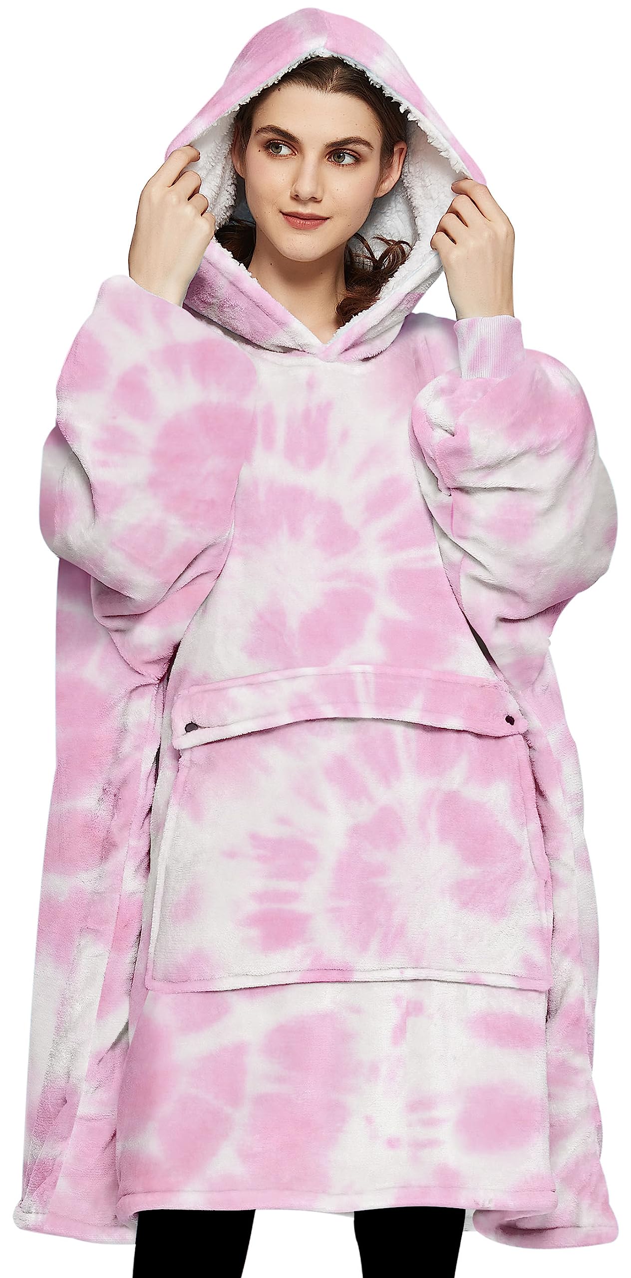 KFUBUO Wearable Blanket Hoodie for Adults With Pocket Pink Tie Dye