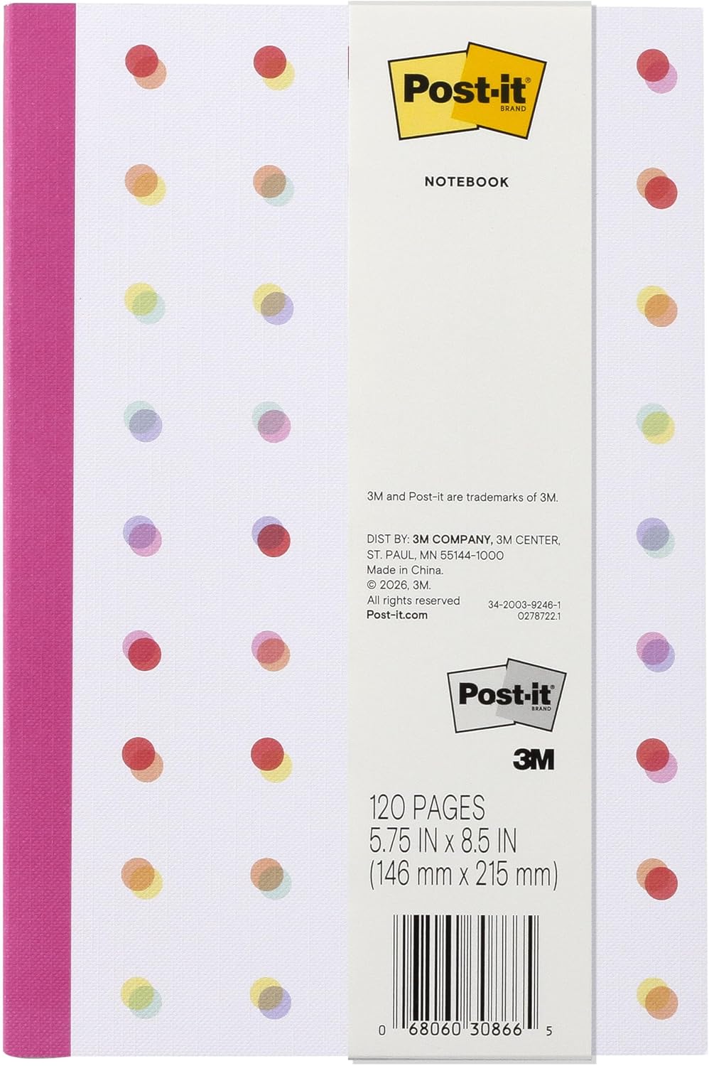 Post-it Lined Notebook, Colorful Polka Dot, 5.75 in x 8.5 in, 120 Pages