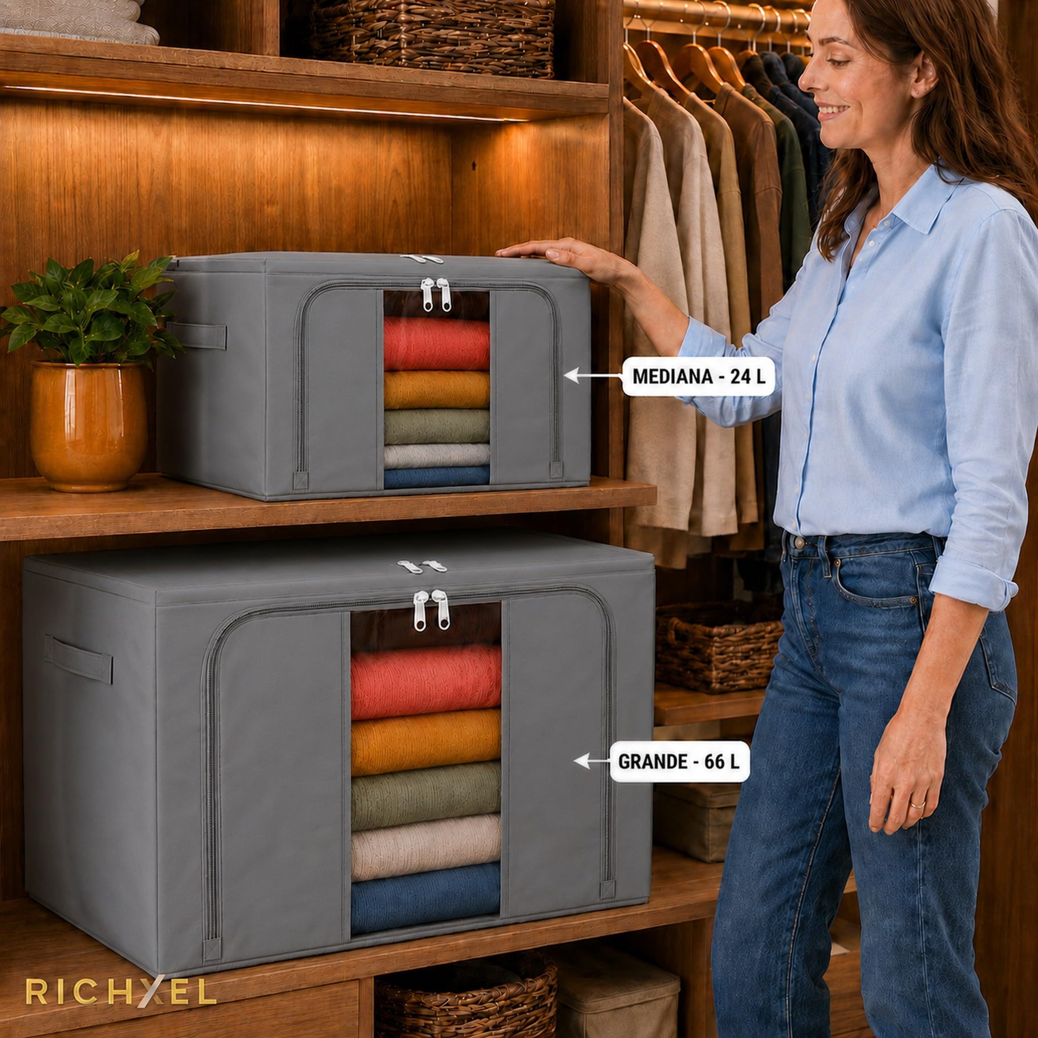 Cajas Almacenaje Ropa GRANDES Pack 2 · 66L (132L total) — Armario, Marco Metálico Rígido y Apilable, Plegable, Tela Oxford con Cremallera y Ventana Transparente Quitapelusas Incluido