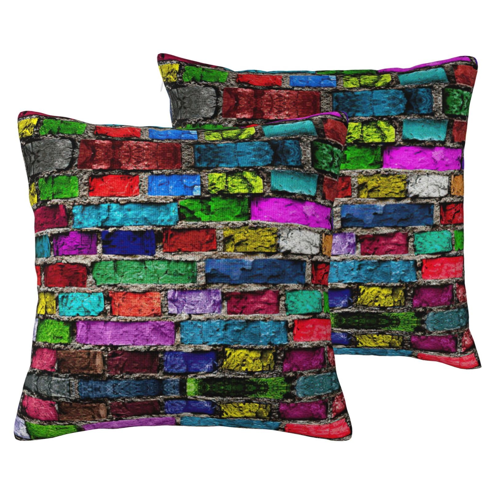 Housse de coussin briques colorées imprimée et lavable pour salon