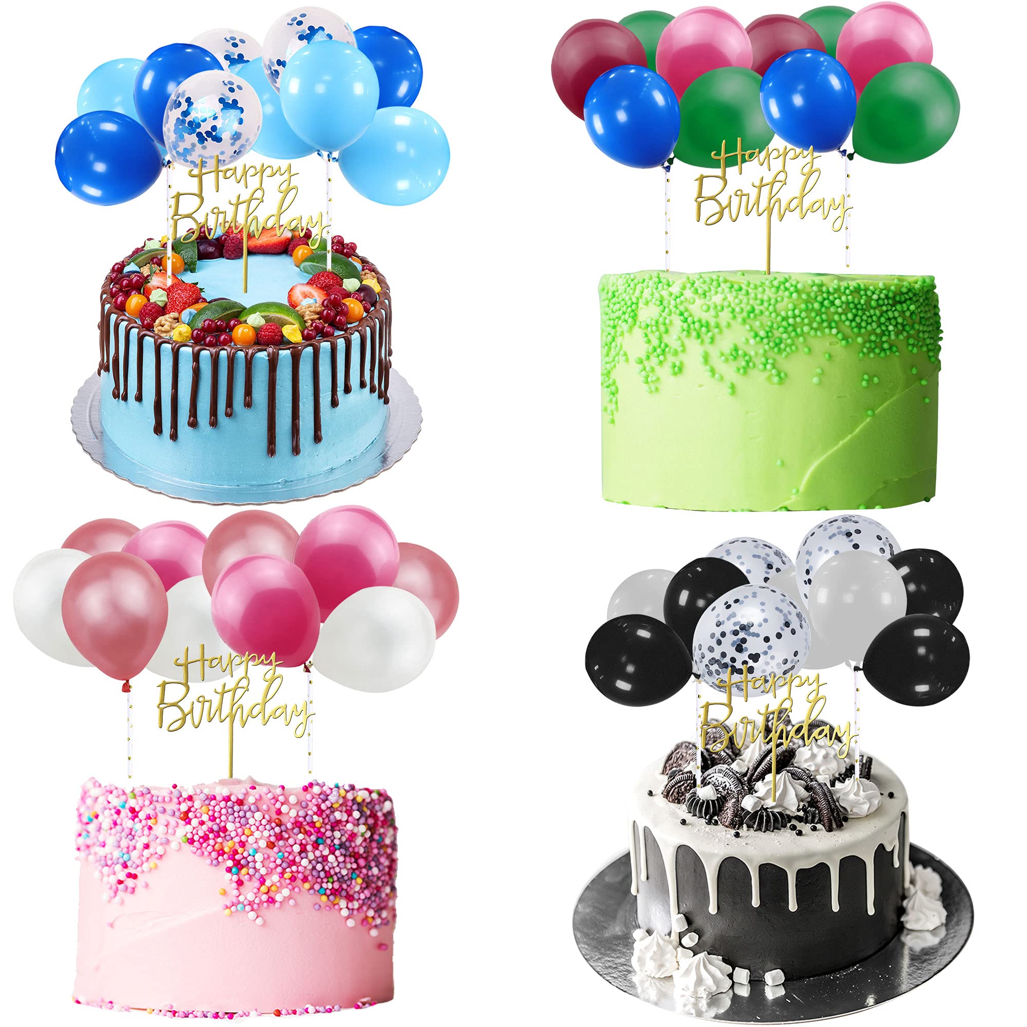 Rcanedny 4 Set Latex Balloon Birthday Cloud Cake Topper Acrylic Glitter Gold Happy Birthday Cake Topper Confetti Balloon Cake Decoration for Birthday Wedding Baby Shower (Color set 3)