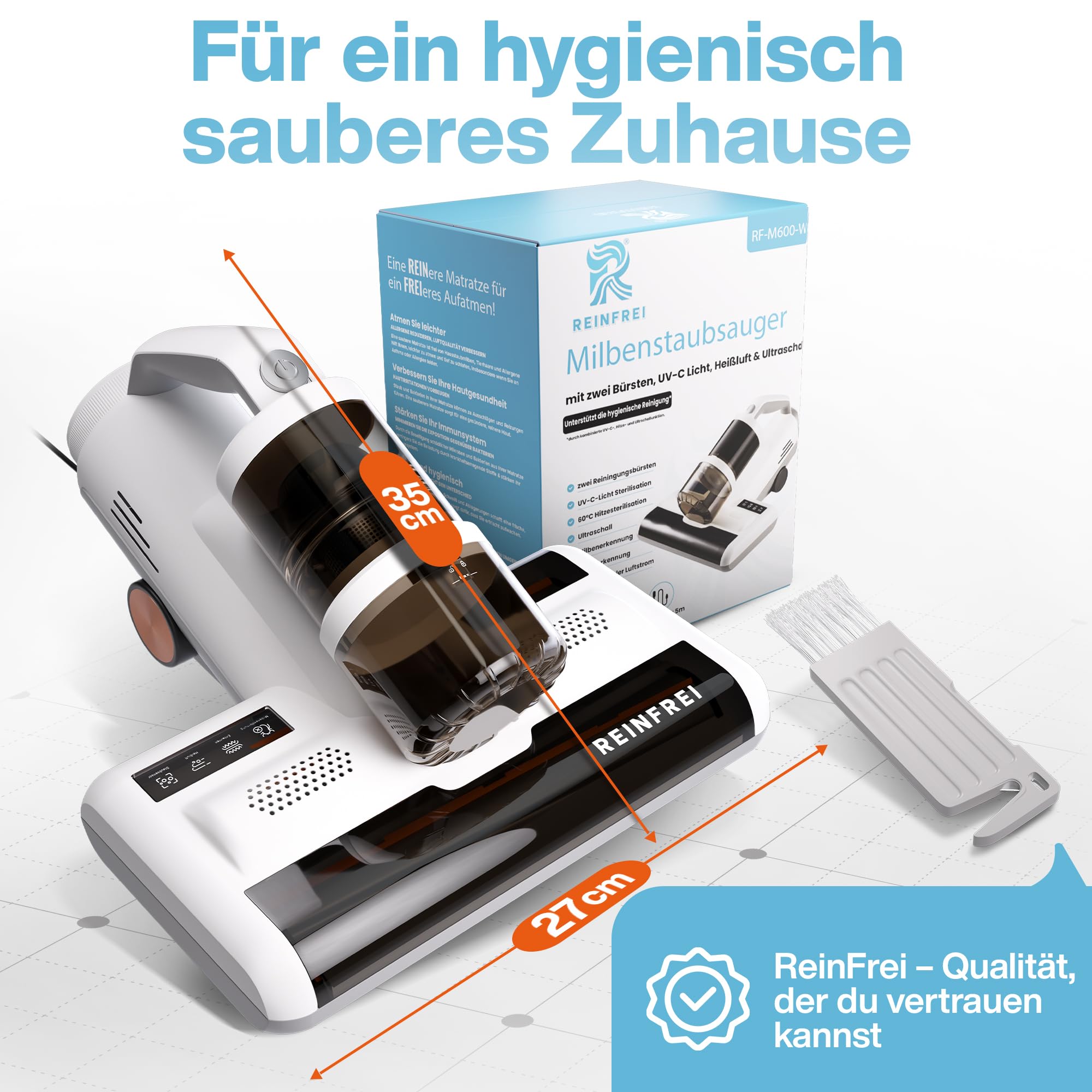 Milbensauger für Matratzen – 600W Matratzensauger gegen Hausstaubmilben – Matratzensauger Milben mit Heißluft, Ultraschall & Vibration – Bett Staubsauger mit Zwei Bürsten & 5m Kabel