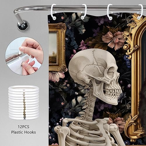 Miniatura 6 de Cortina de ducha gótica de calavera de gato negro, 60 pulgadas de ancho x 72 pulgadas de alto, divertido esqueleto espeluznante, gatito, floral,