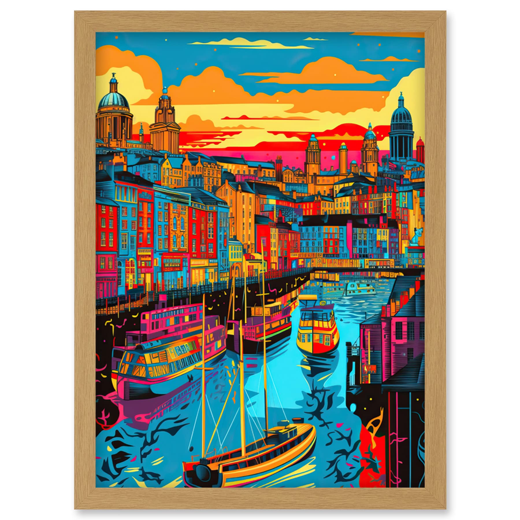 Artery8 Vibrant Liverpool City Waterfront Sunset Cityscape Artwork Framed Wall Art Print A4