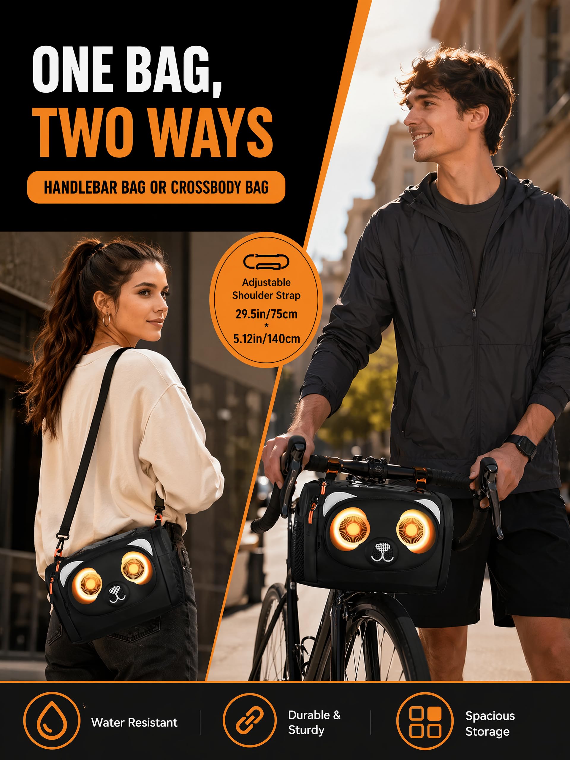 Sacoche Velo 6L avec Fonction Audio, Sac de Guidon de vélo avec écran Tactile Avant et bandoulière Amovible pour Tous Les téléphones avec Effets Lumineux colorés, étanche