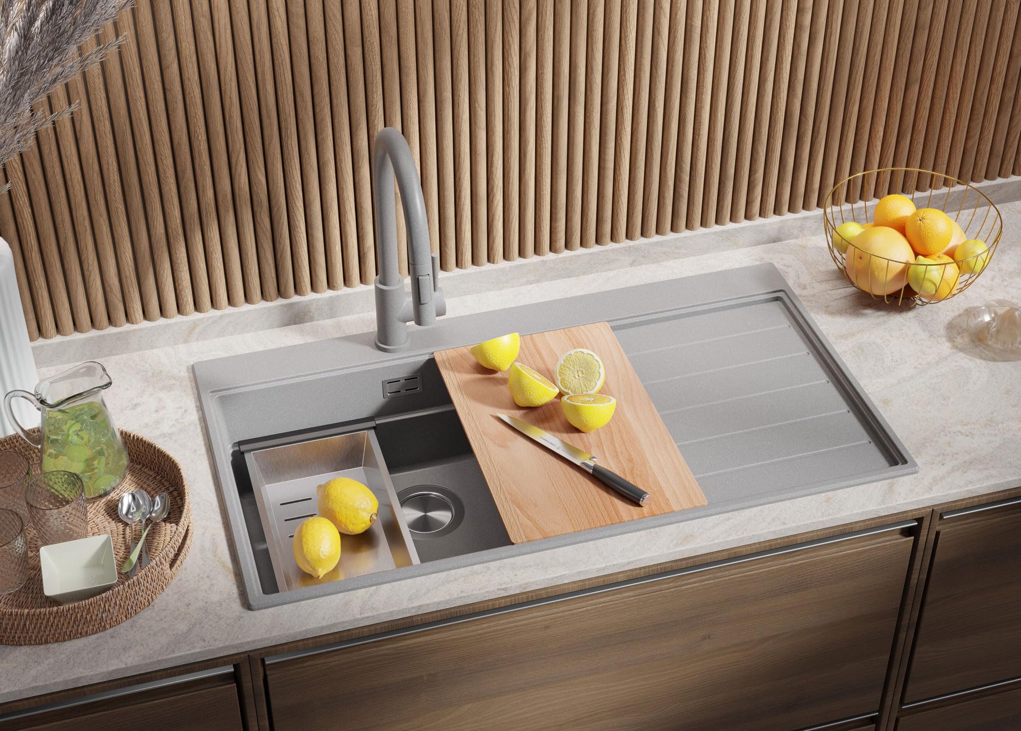 PRIMAGRAN Evier Cuisine en Granit au Meuble 60cm + Kit de Vidage, 90x50cm