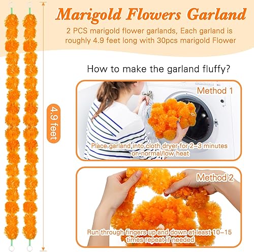 Miniatura 3 de Hanaive Juego de 38 decoraciones del Día de los Muertos, 2 guirnaldas artificiales de caléndula de 4.9 pies, 30 flores de caléndula falsas, 6