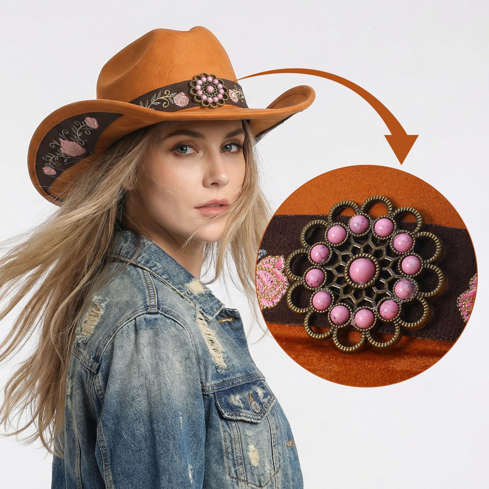 Utensilsto Western-Cowboyhut für Damen mit breiter Krempe und Stickerei