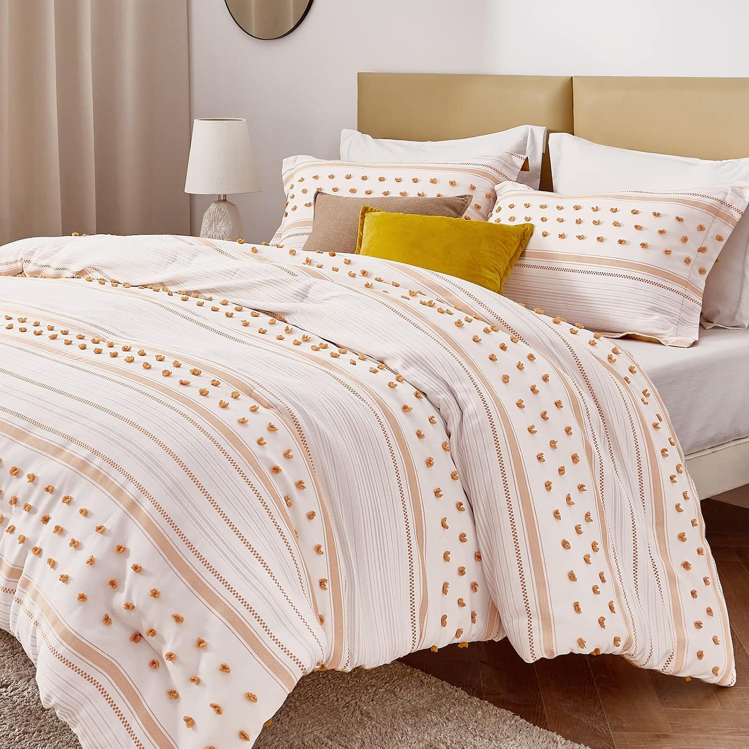 Bedsure Yellow Comforter Set Queen - Boho Mustard Bedding Queen, Reversible White Striped Tufted Farmhouse Comforter Sets (88x88 inches, 3 Pieces)