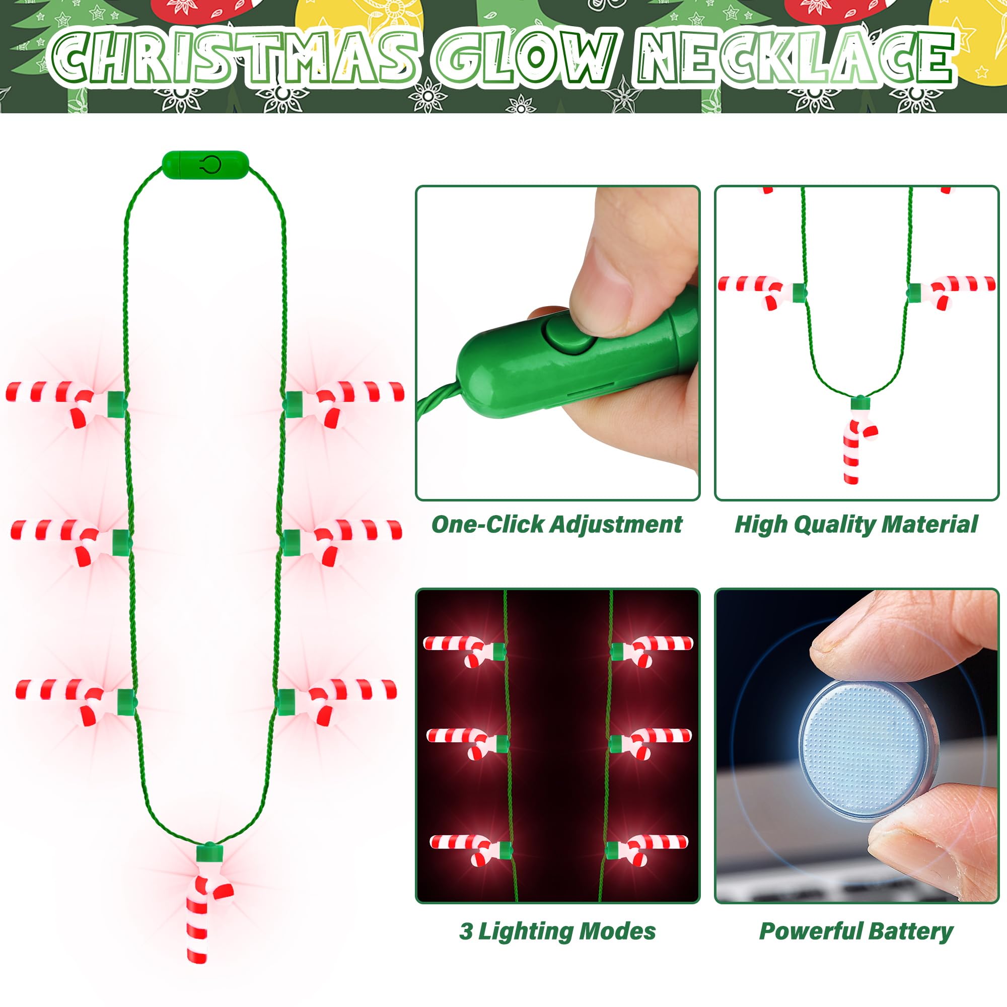 Bulk 8PCS 3D Light Christmas Candy Cane Necklace, 3 Modes, Women & Men, Ugly Sweater, New Year Accessories