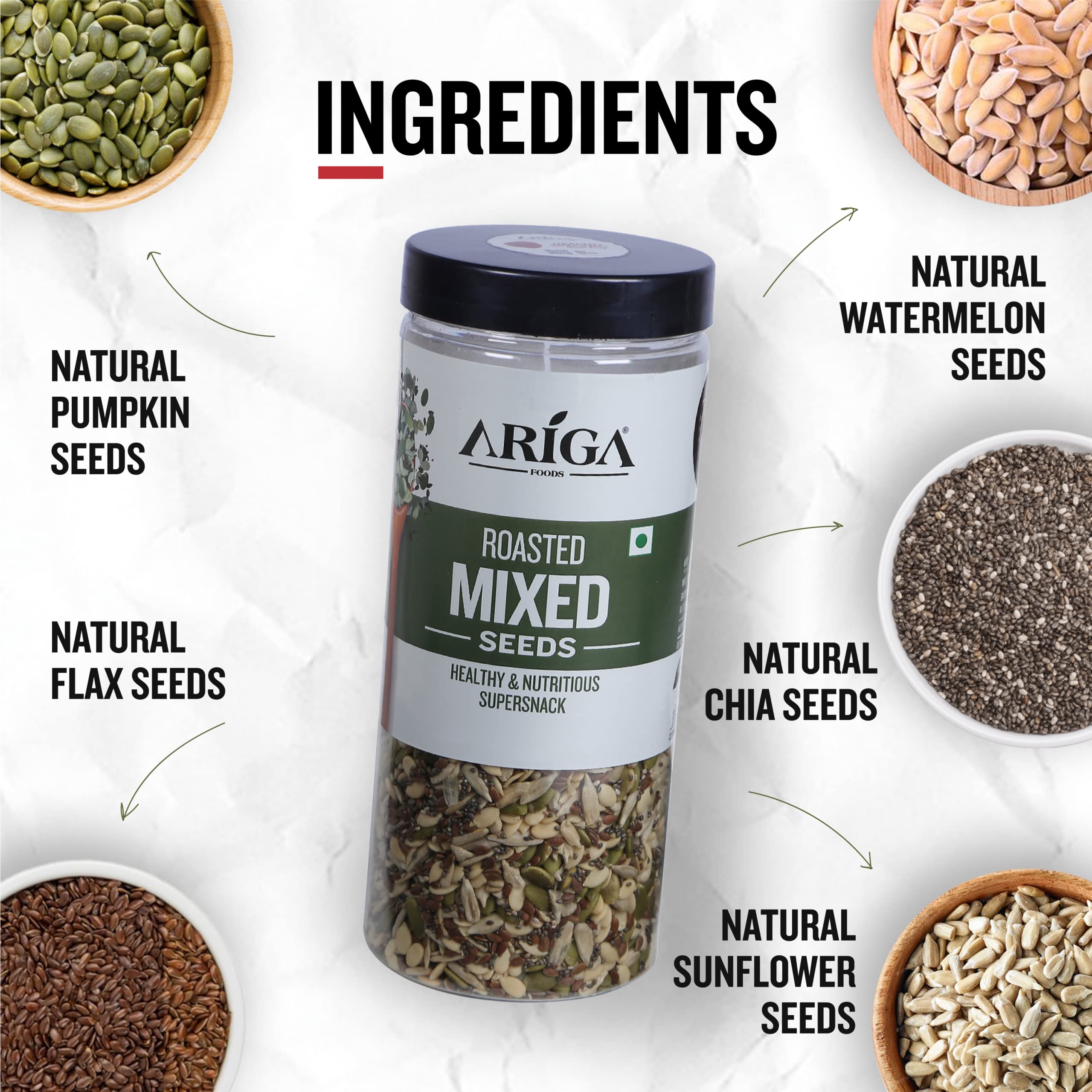 Ariga Foods 5 in 1 Super Seeds Mix- Pumpkin, Flax, Chia, Watermelon and Sunflower Mixed Seeds for Weight Loss in Pet Jar Value Pack (500g) | Vitamins & Minerals Rich | Healthy Diet Food 4