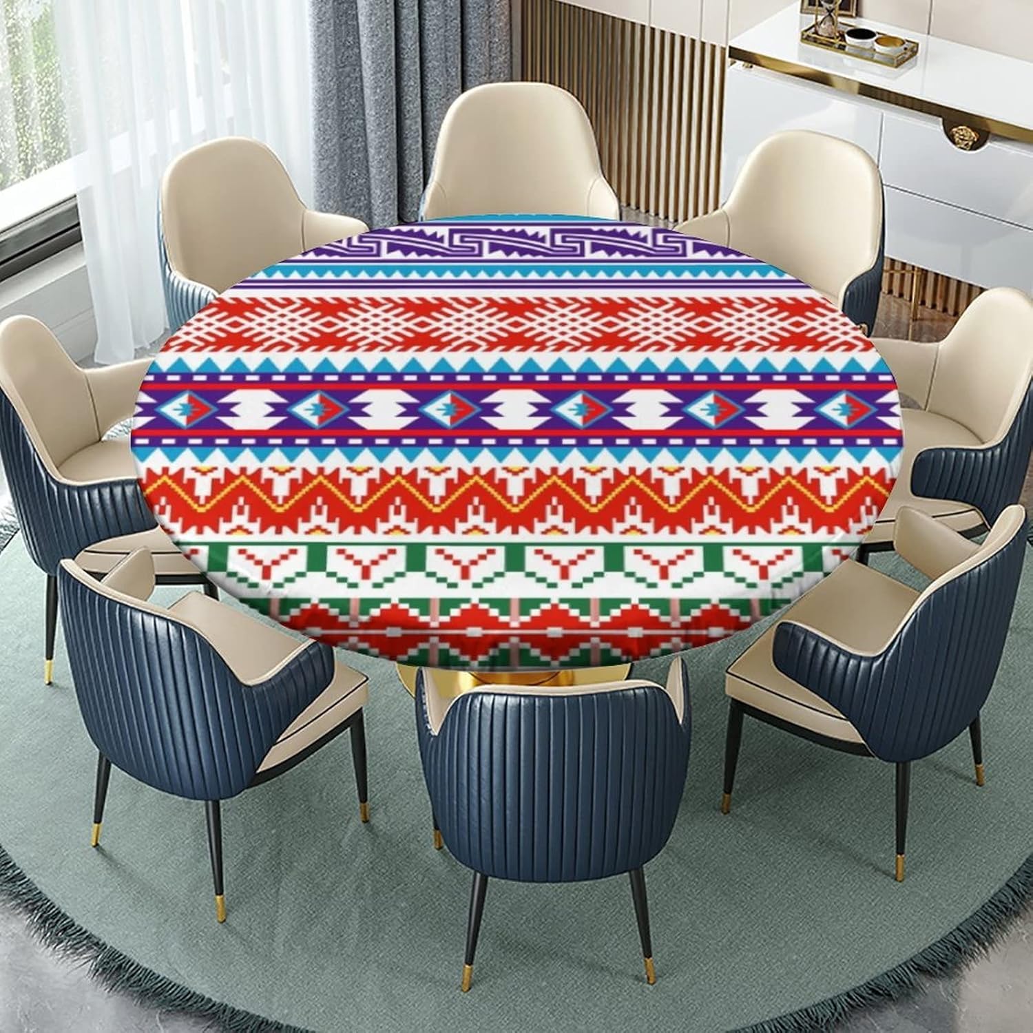 Native American Fitted Round Tablecloth, Waterproof Table Cover for Kitchen Dining Room, Geometric Traditional Culture Decoration Spill Proof Fabric Tablecloths for 48"-52" Table, White Green Red