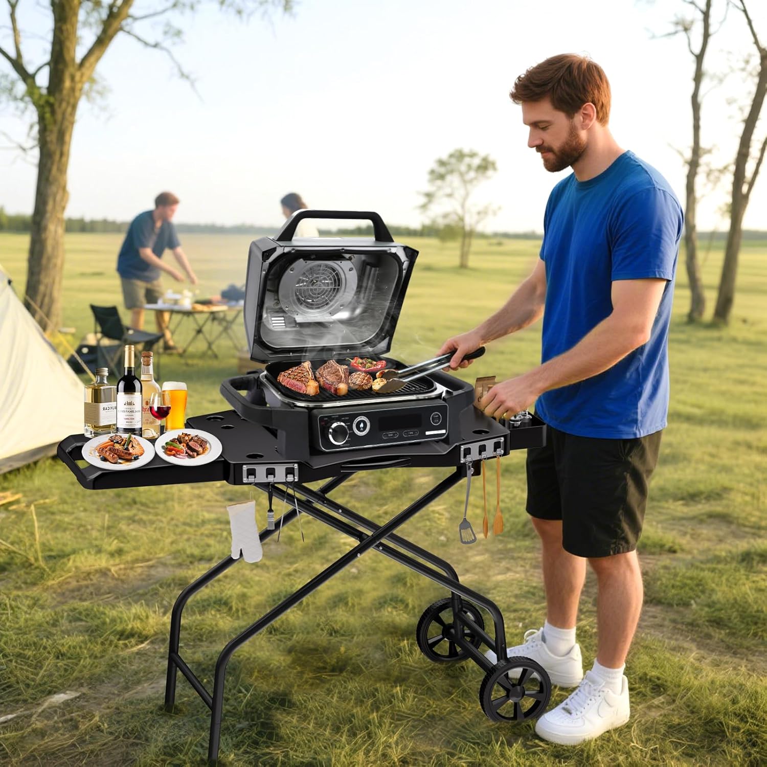GRISUN Foldable Grill Cart for Ninja OG700–OG750 & Blackstone 22" | Portable BBQ Stand with Wheels, Side Table & Storage Basket