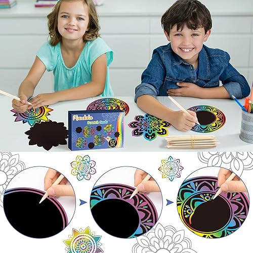Miniatura 3 de BeYumi Juego de 60 tarjetas de rascar con mandala, juego de regalo para niños, manualidades, manualidades, manualidades, actividades escolares,