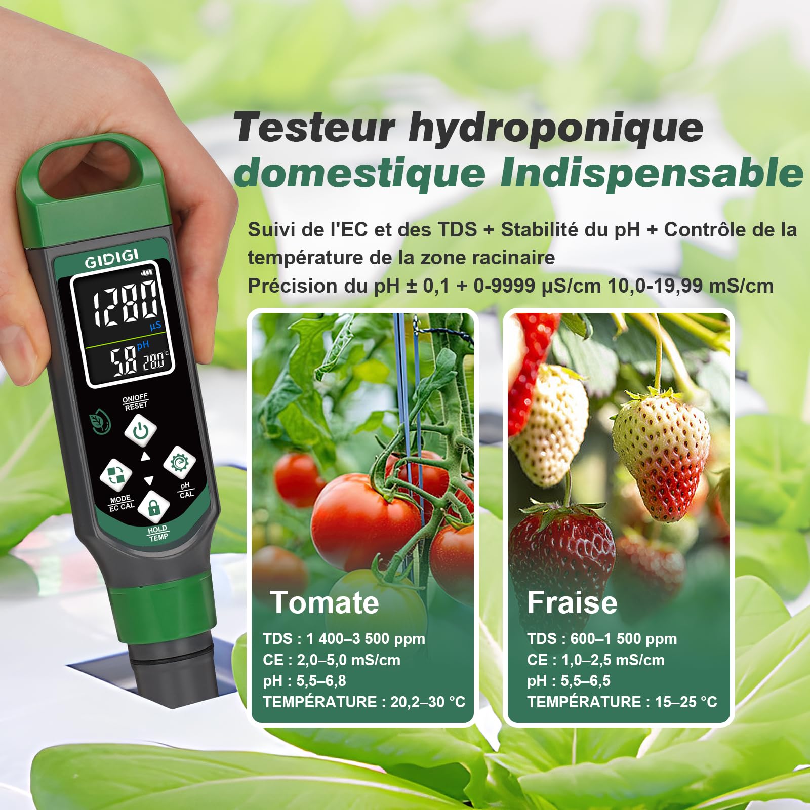 Testeur de pH numérique, testeur de PPM pour l’eau, testeur de pH 4 en 1 avec écran couleur, stylo pour tester la qualité de l’eau pH, EC, TDS et temp, adapté pour hydroponie, piscine, eau potable