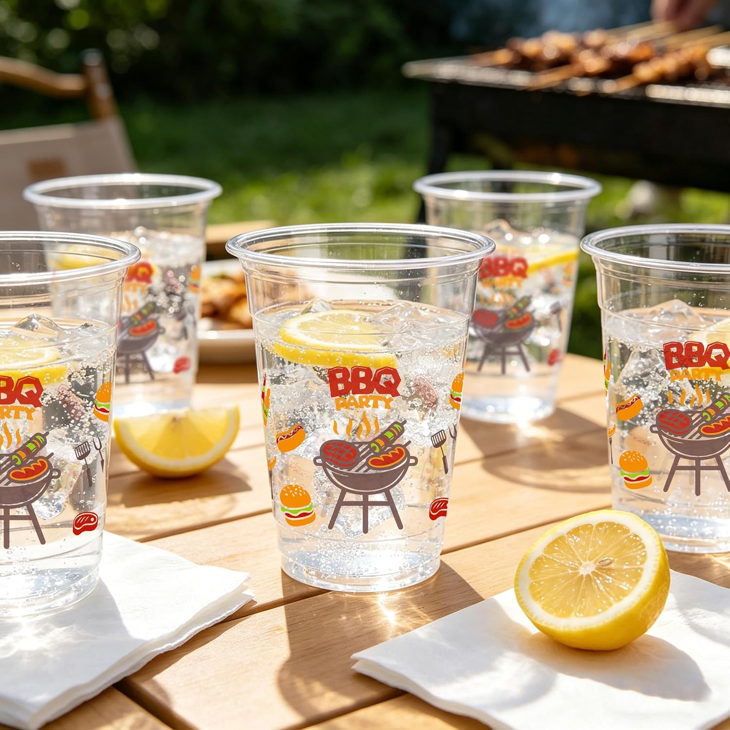 50PCS BBQ Party Plastic Cups, 12OZ BBQ Disposable Cups for Baby Q Baby Shower Decorations Picnic Camping Cookout Summer Birthday Graduation Engagement Party