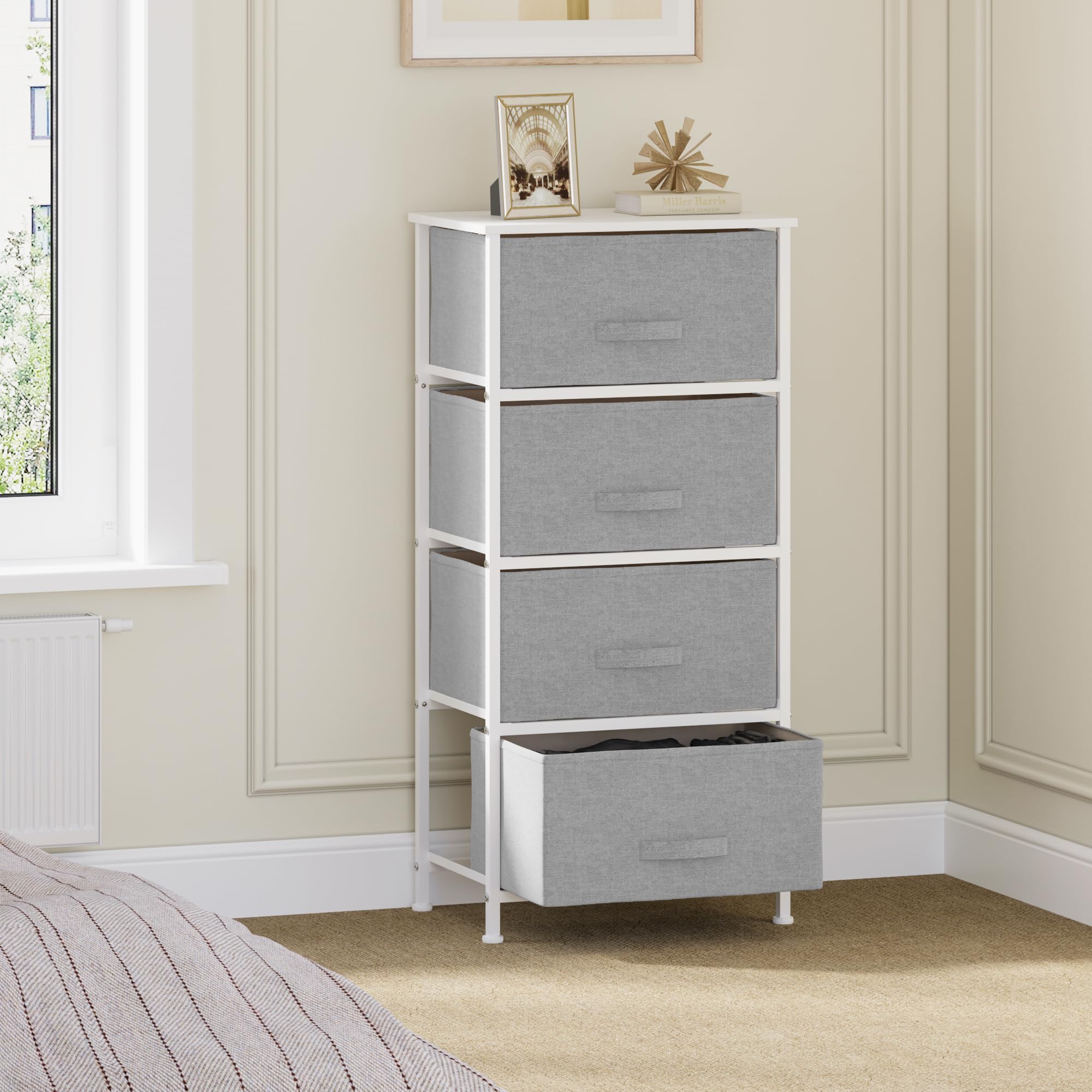 Chest of Drawers, 4 Fabric Storage Drawers Tower with Wooden Top and Metal Frame, Cloth Storage Organizer for Bedroom Living Room Closet Hallway, Grey
