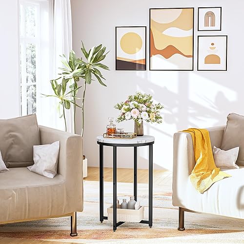 Miniatura 7 de DKLGG Juego de 2 mesas auxiliares modernas color negro, mesa auxiliar redonda pequeña con marco negro, mesita de noche de mármol sintético para sala