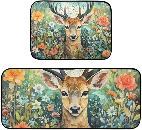 Kitchen Mats for Floor 2 Piece Set Painting Deer Flowers Print, Anti Skid Cushioned Water Absorbent Kitchen Rugs Door Mat Floor Mats for Kitchen Sink