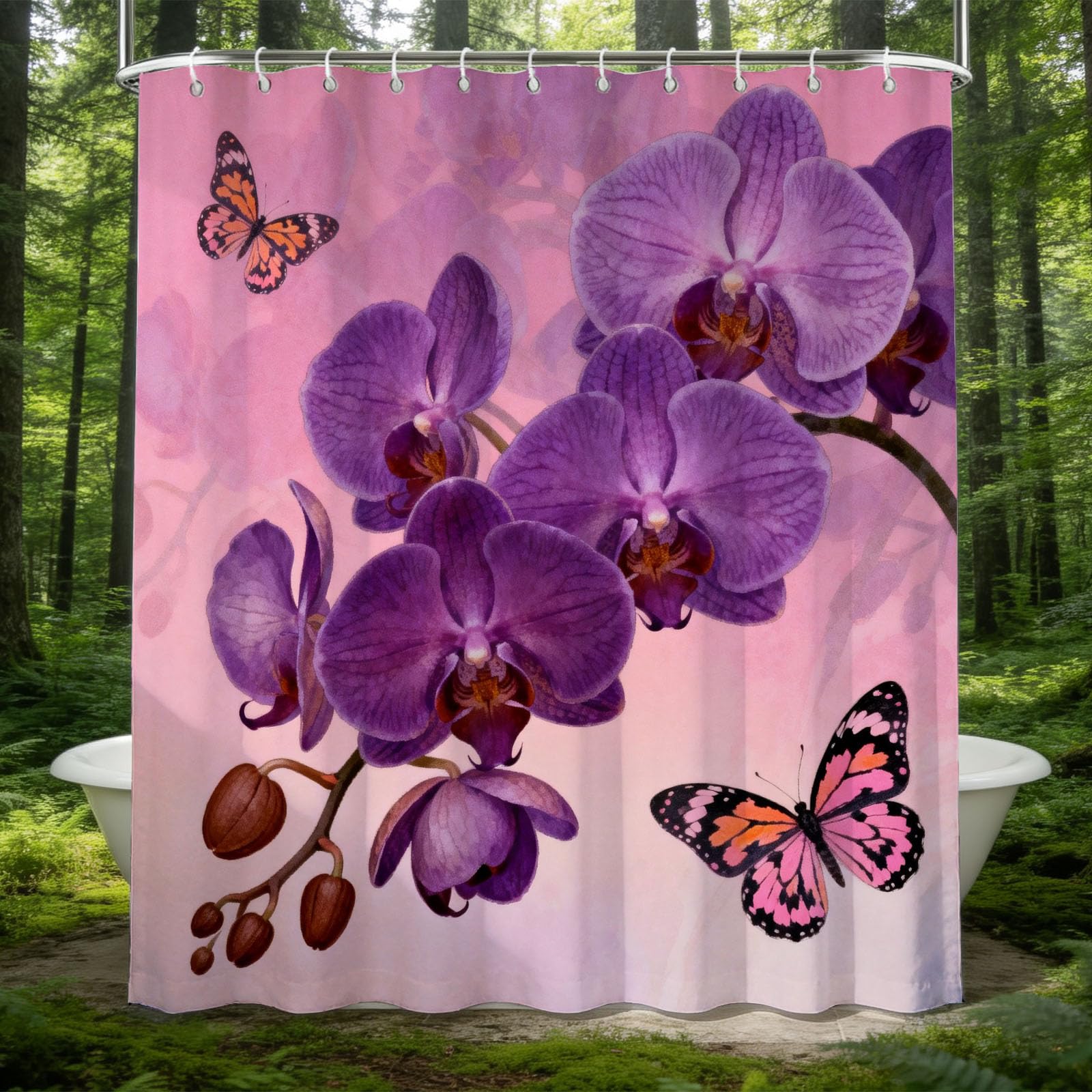 Hongduo White 3D Purple Orchid Shower Curtain For Stalls Bathtubs Zen Bathroom Decor Shower Curtain Set Polyester Fabric Waterproof 200X200cm/79X79 Inch With Hooks