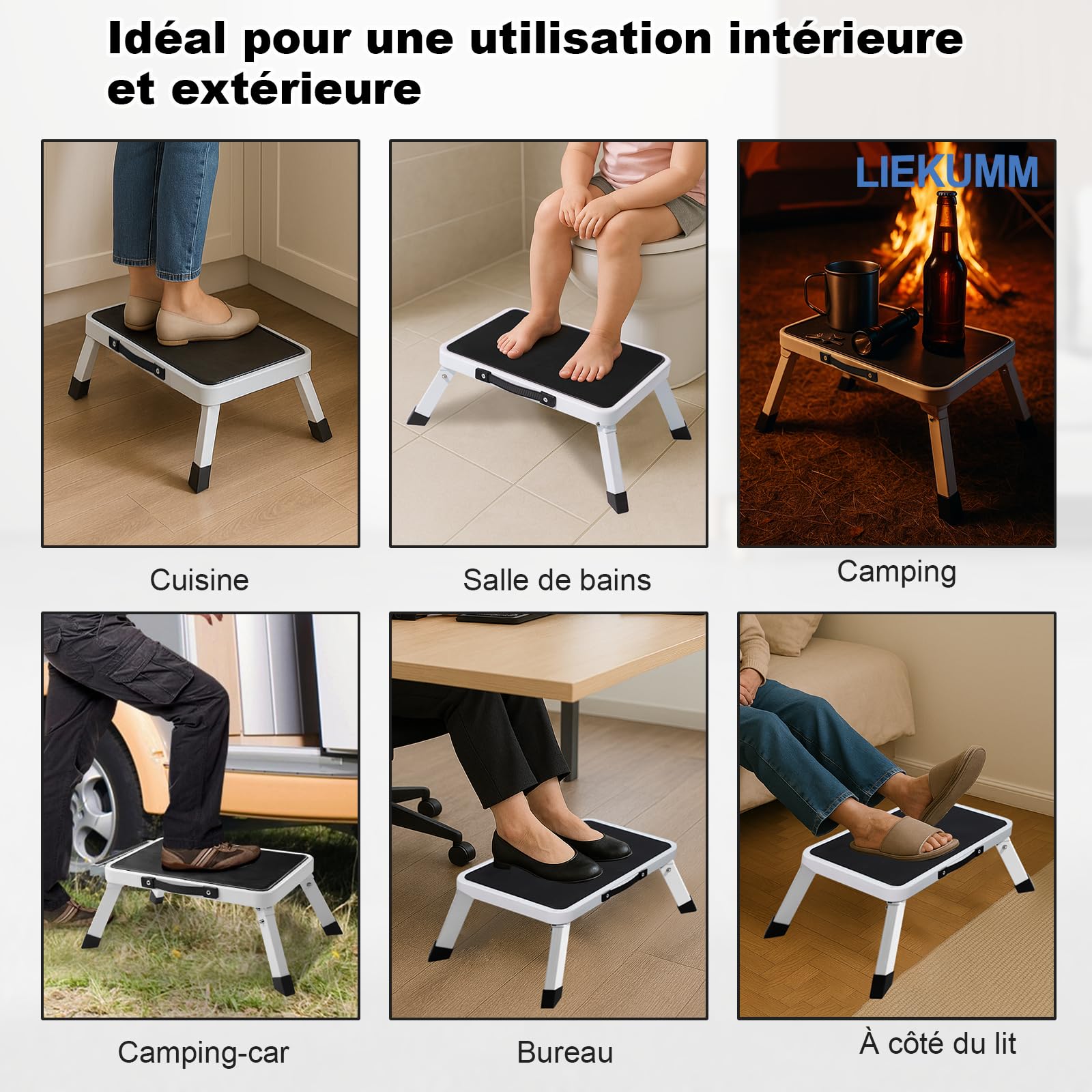 LIEKUMM Tabouret portable, échelle pliante à une étape, plate-forme de travail en marches, plate-forme de travail pour camping-car, garage, cuisine, bureau, blanc, capacité 150 kg