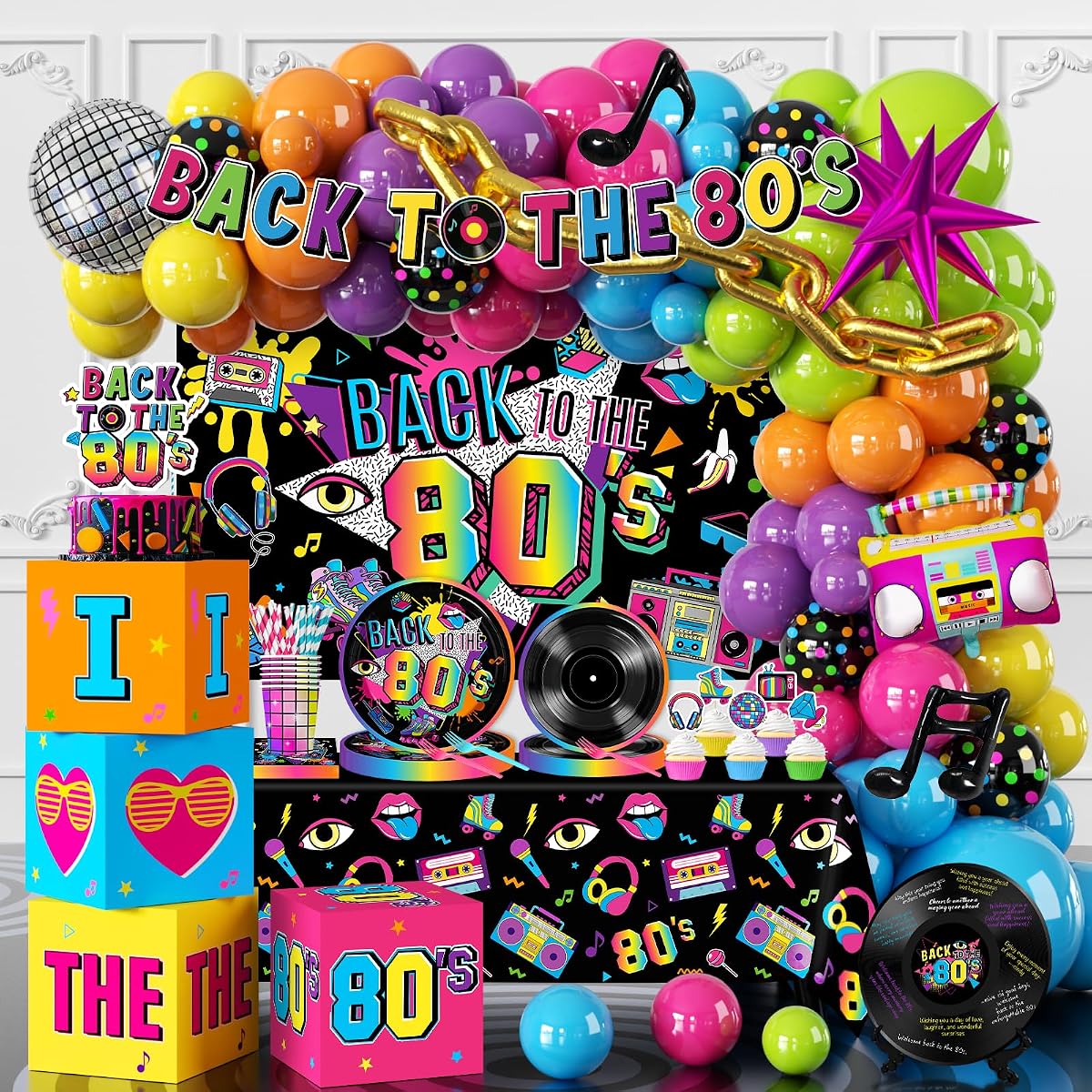 Decoraciones de fiesta de los 80, juego todo en uno, decoraciones de fiesta de los 80 con platos de fondo de los 80, servilletas, caja de mantel con arco de globo de discoteca y letrero de libro de invitados con disco de vinilo, para fiesta de los 80 y 90