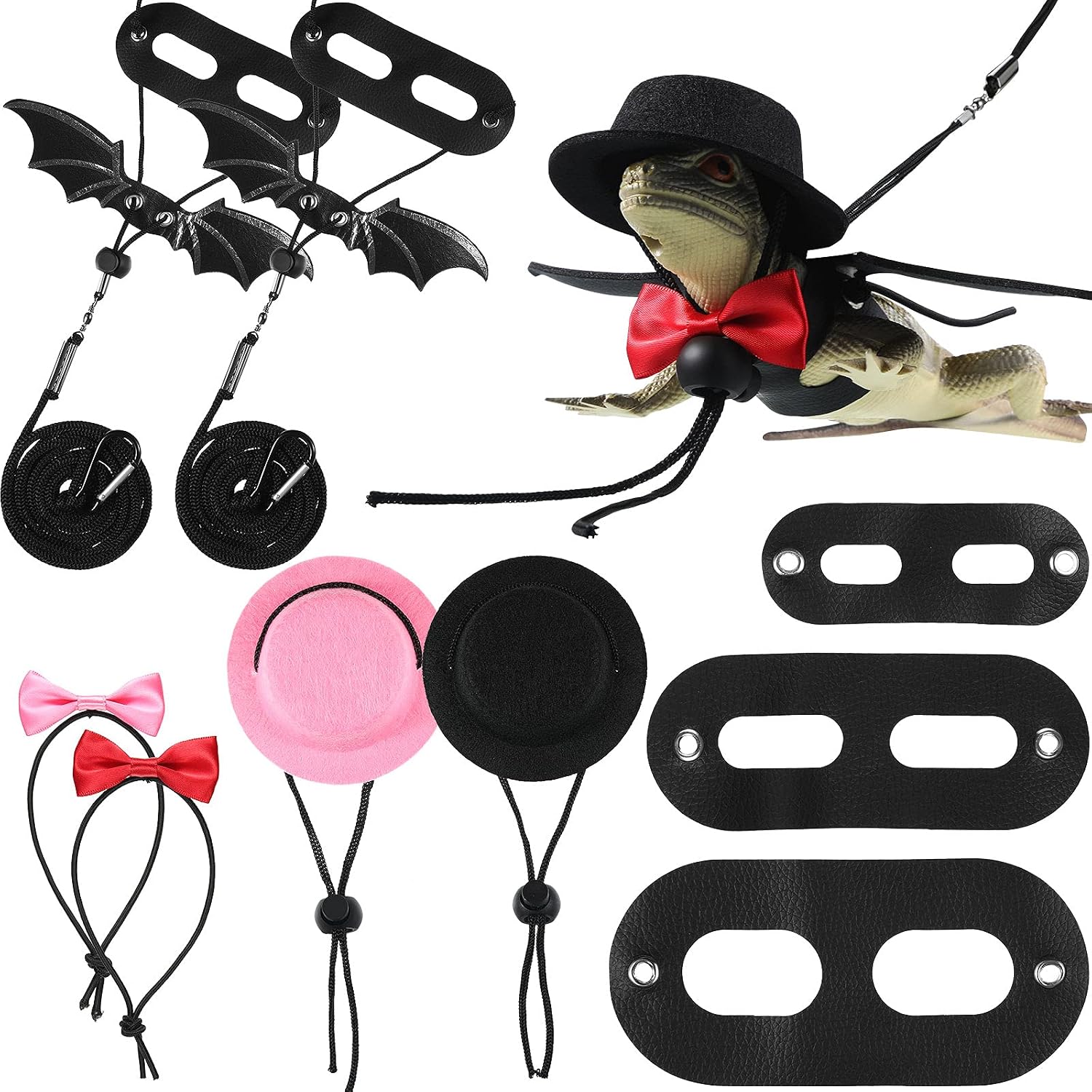12 Pieces Lizard Leash Bearded Dragon Harness Set Adjustable Reptile Lizard Rope in 3 Sizes with Attached Hat and Bowtie for Bearded…