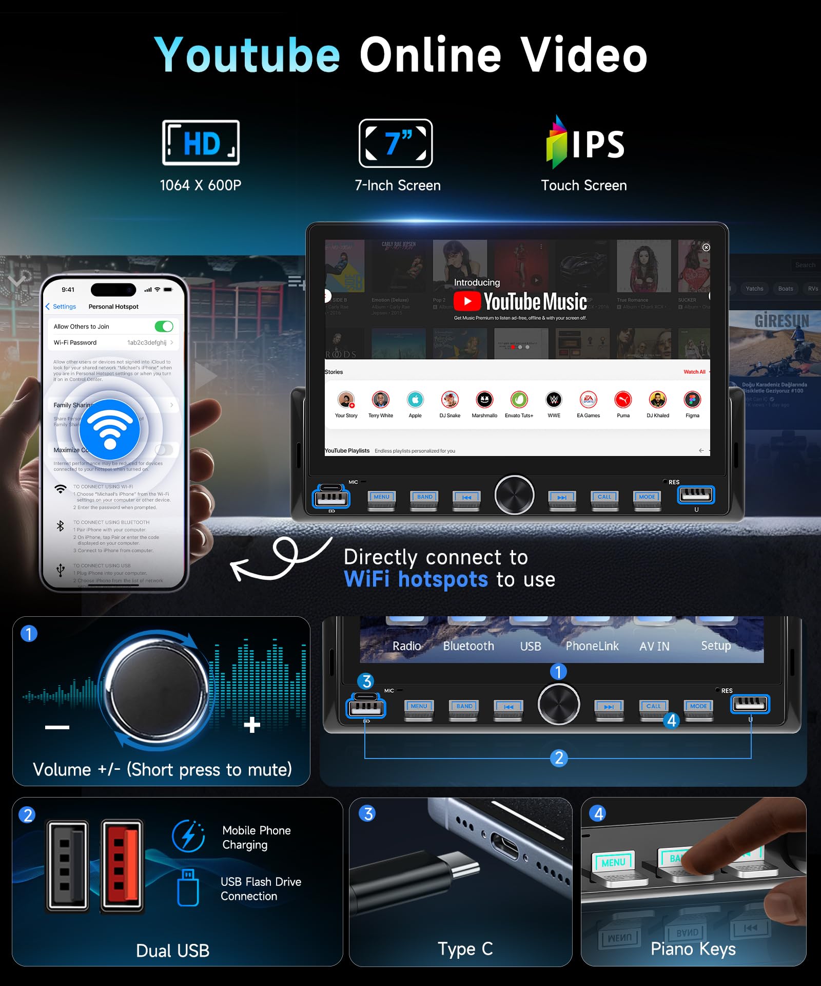VECHTEL 7" Autoradio 1 Din con carplay wireless Android Auto, radio FM con Blurtooth, sistema di navigazione,2 USB/SD/AUX,con tasti pianoforte,video online,Mirror Link,telecamera di retromarcia