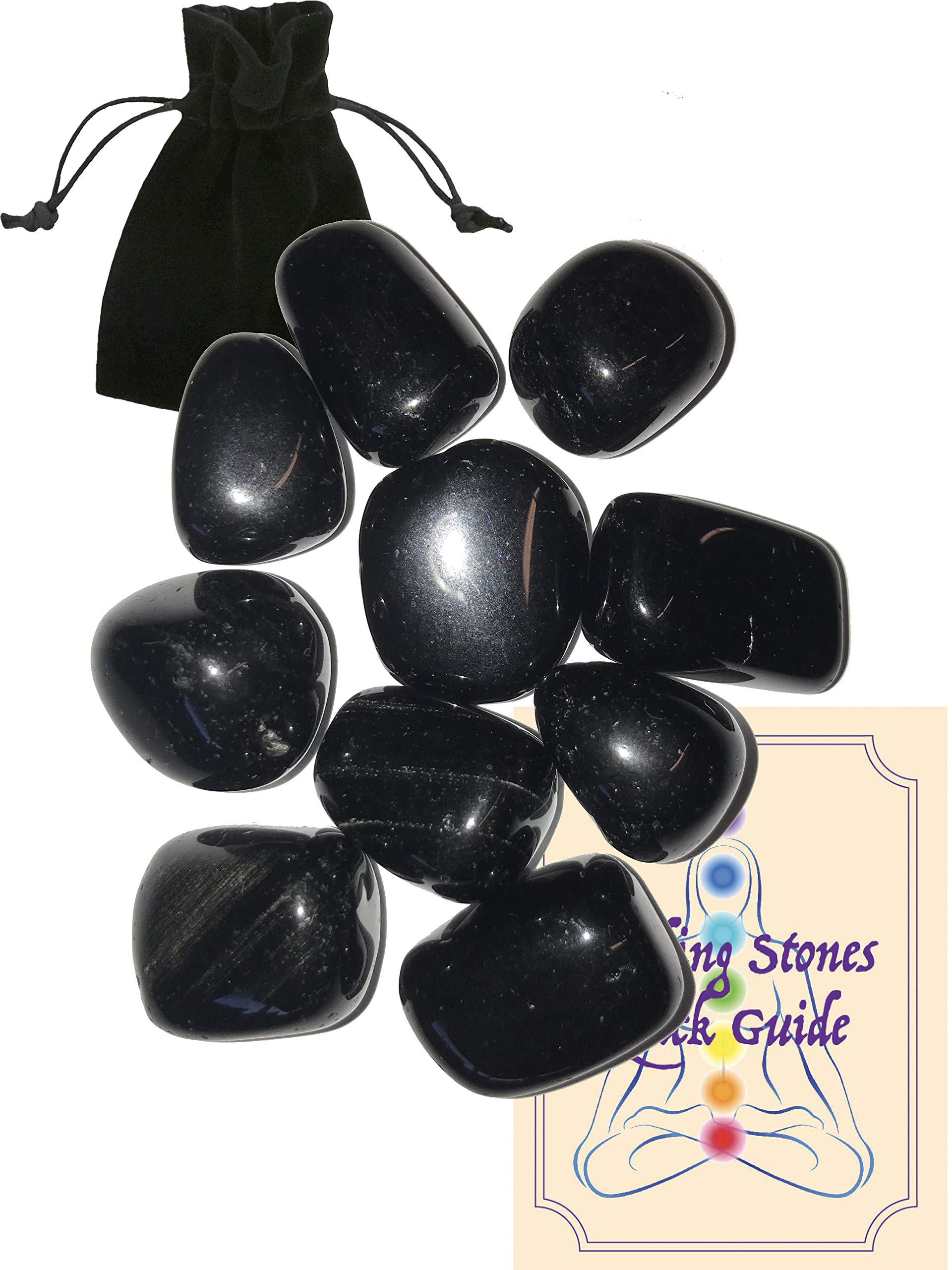 AYB Products Ten (10) Tumbled Black Obsidian Approx. 20-25mm ea Gem Stones Protection Grounding Root Chakra Wicca with Black Pouch and Healing Stone Quick Guide