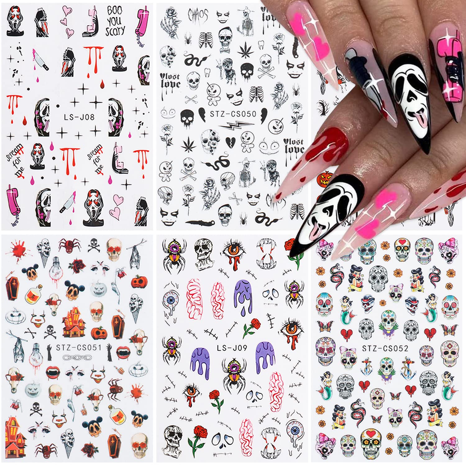 Amazon.com: 6 Sheets Halloween Nail Art Stickers 3D Halloween Nail Decals  Horror Ghost Face Evil Clown Pumpkin Spider Skull Vampire Nail Designs  Charms Designer Halloween Nail Decorations for Women Girls : Beauty