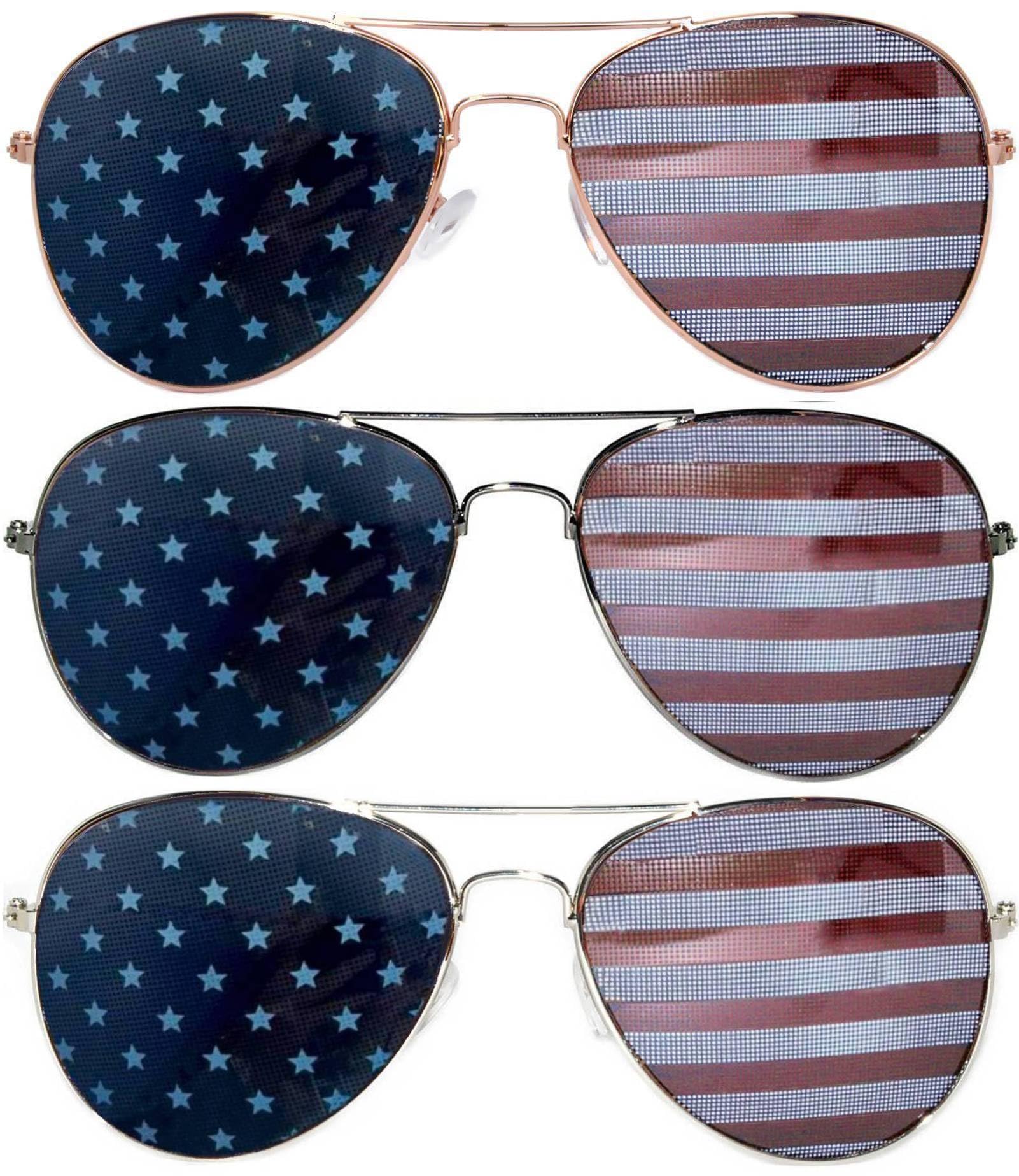 OWL Set of 3 Pack Aviator Style Sunglasses Colored Metal Frame Mirror Lens Smoke Lens