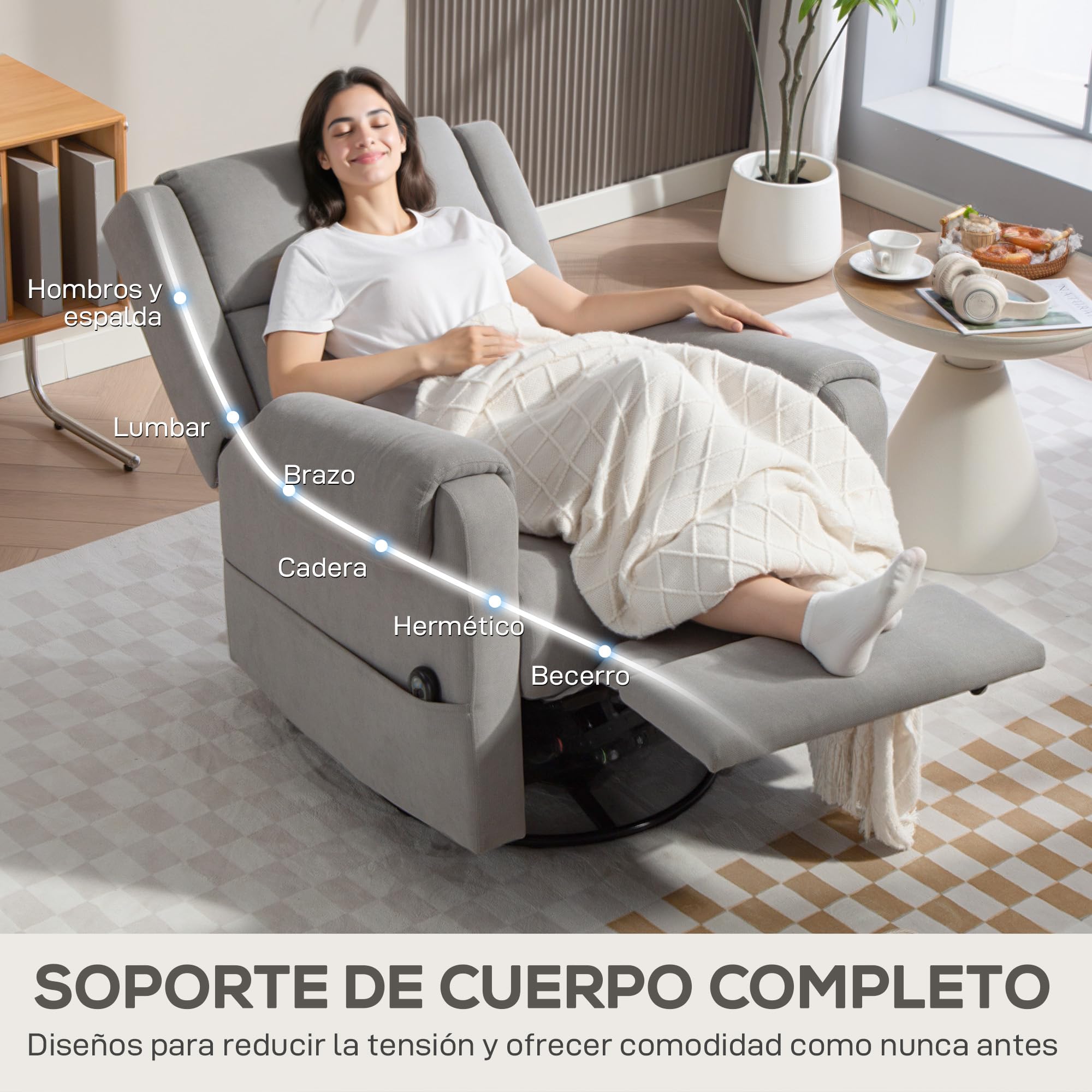 HOMCOM Sillón Relax Reclinable Eléctrico, Sillón Reclinable Giratorio y Balancín con Reposapiés Ajustable, Mando a Distancia, Acolchado Grueso, Tela de Rizo, para Dormitorio, Salón, Gris Claro