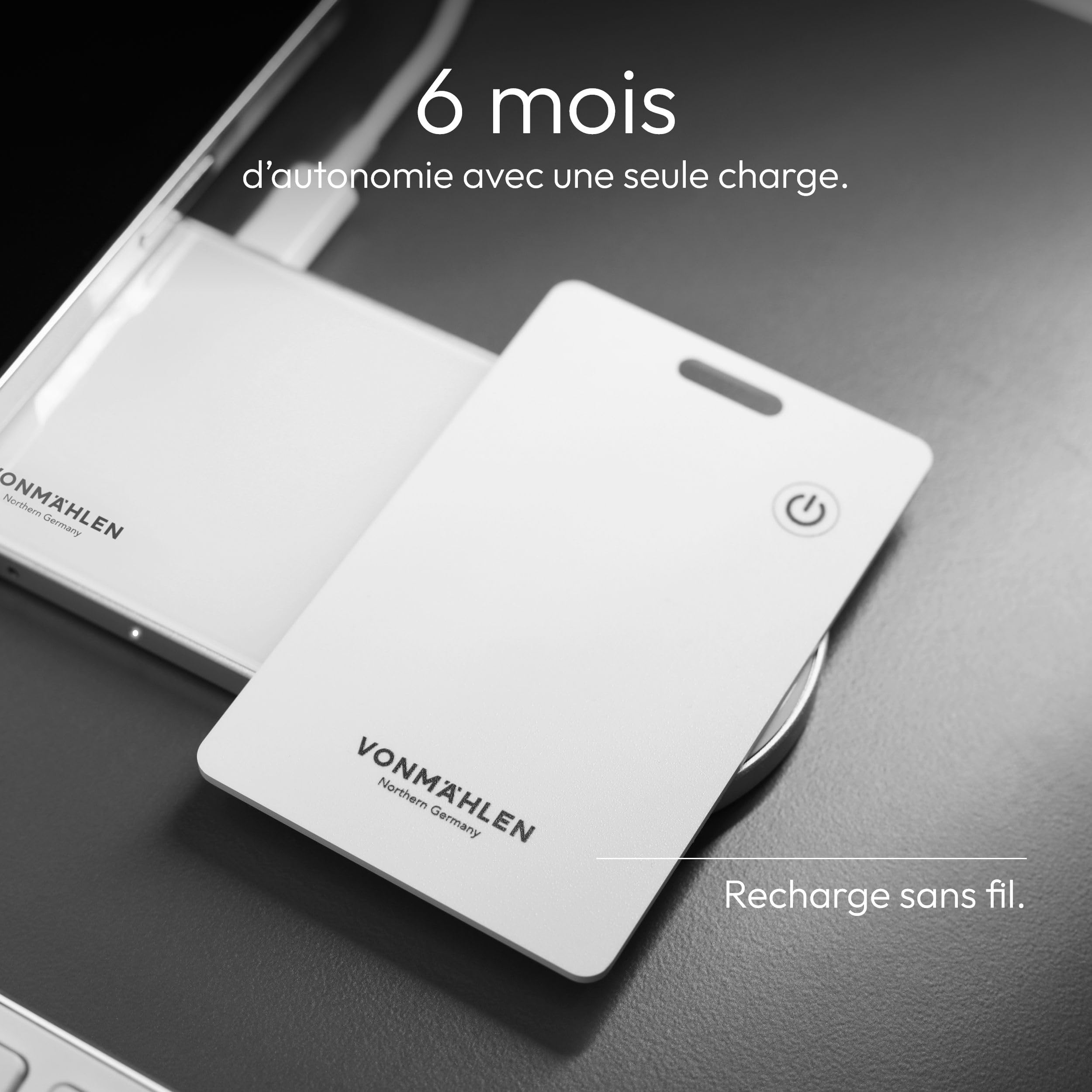 Vonmählen FindMe - Localisateur Bluetooth Ultra-Fin, Compatible avec Le réseau FindMy Apple, Recharge sans Fil, résistant à l'eau IP67 - Blanc
