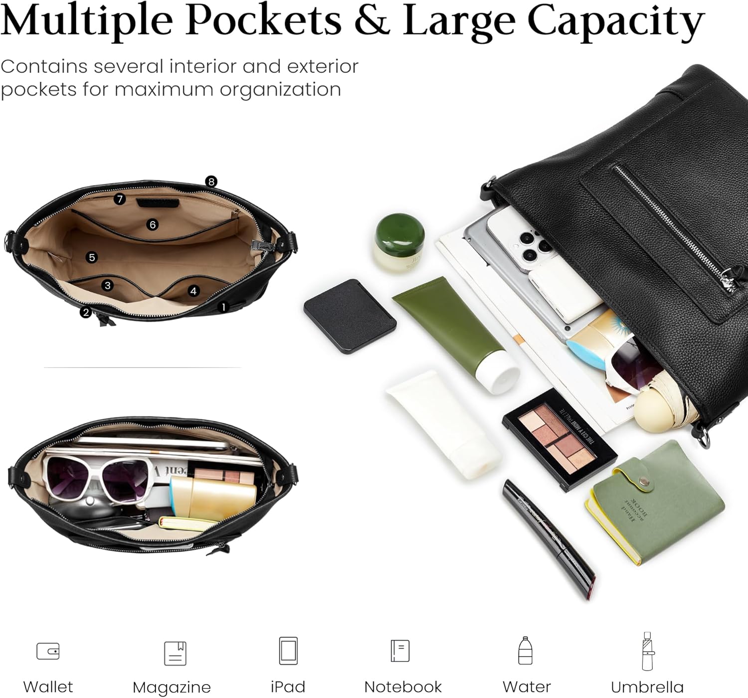 befen Soft Genuine Leather Hobo Bags for Women, Large Multi-Pocket Shoulder Crossbody Handbags with Zipper Closure - Image 4