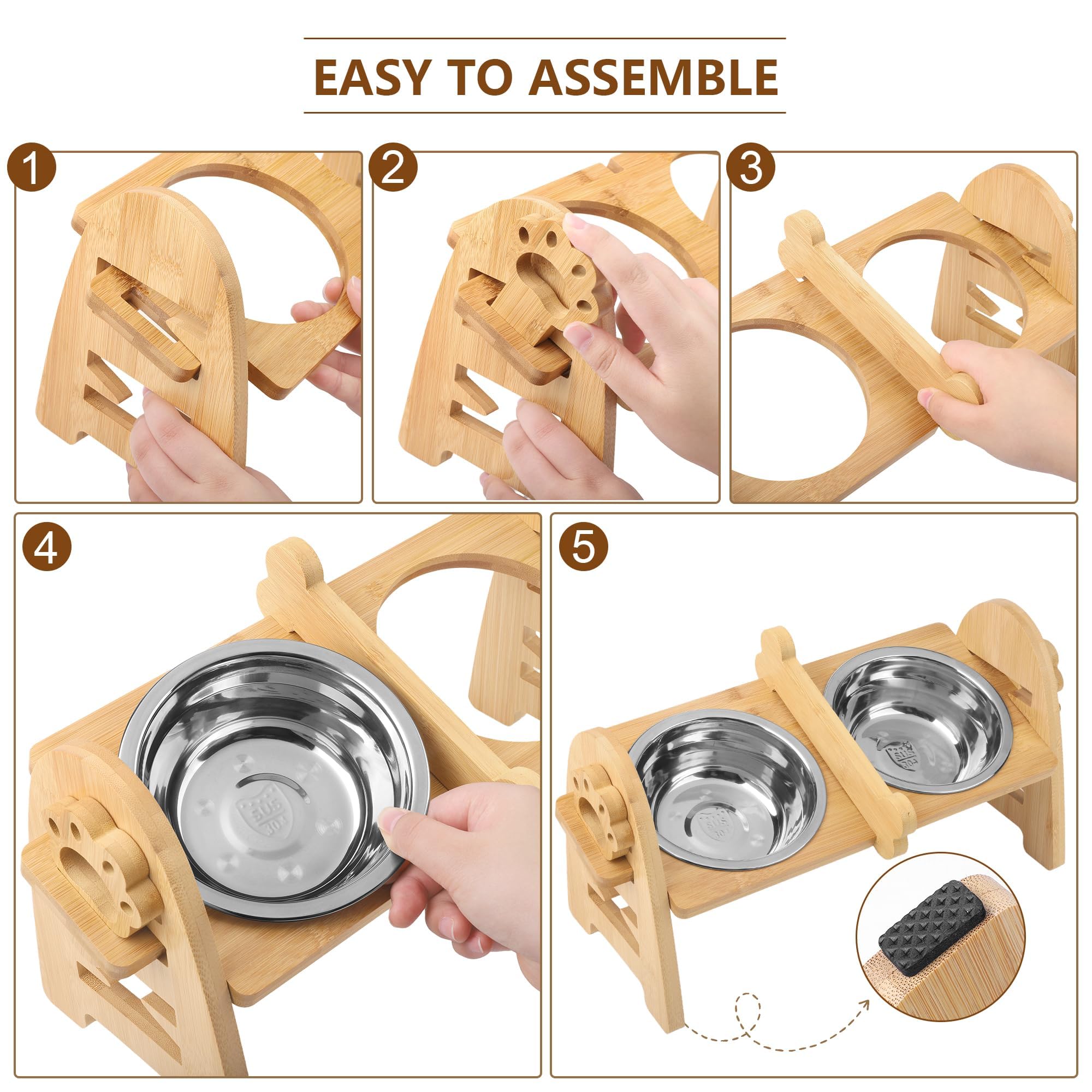 MCEAST Cuencos elevados ajustables para perros con 2 cuencos de acero inoxidable 304 de bambú para mascotas, comedero elevado para perros de tamaño pequeño, gatos y mascotas