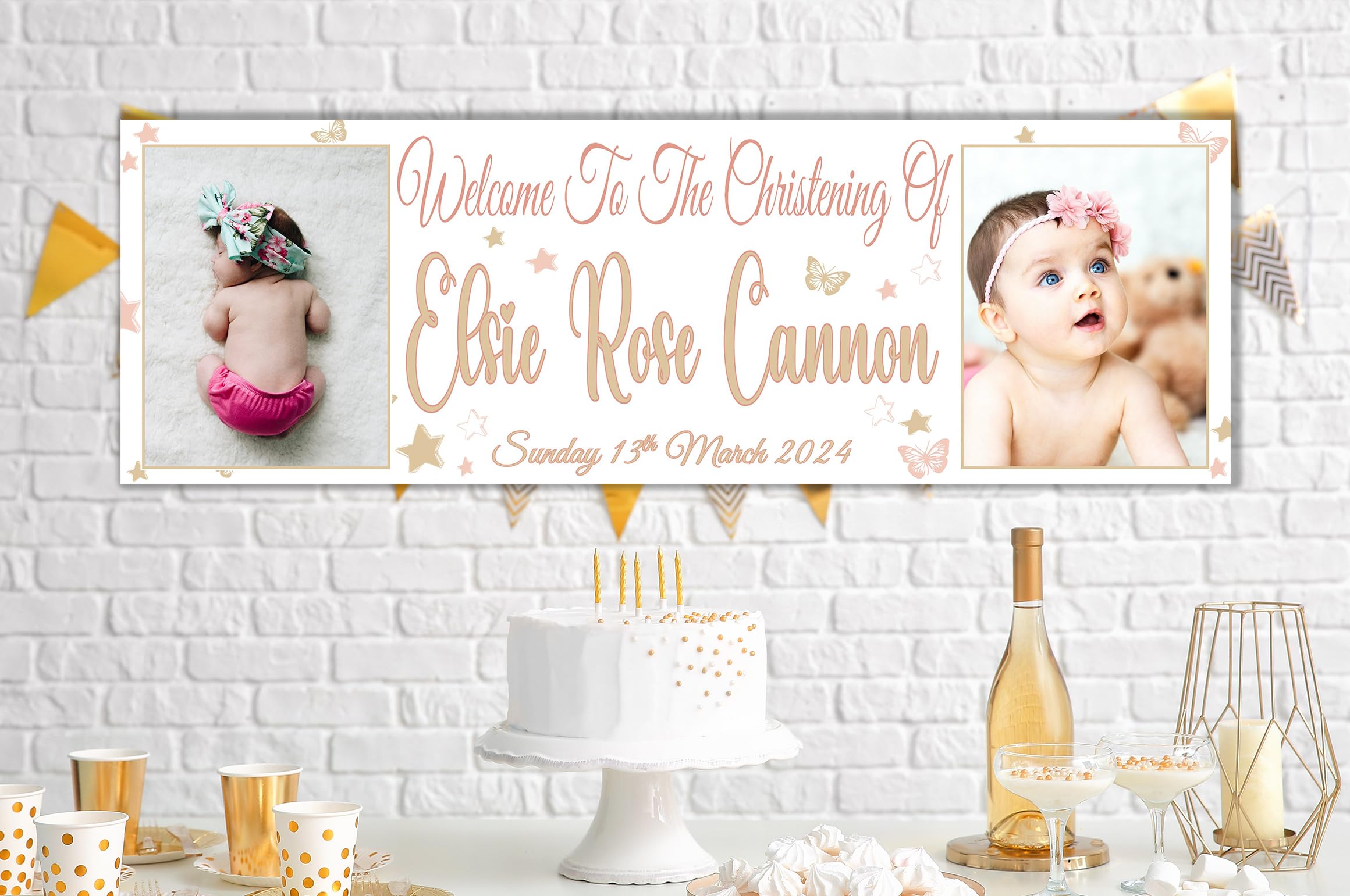 Party Prints PERSONALISED Christening Banners with photo 6ftx2ft Rose Gold Decors for Baptism Confirmation First Holy Communion Poster Welcome Sign Backdrop Girls Party