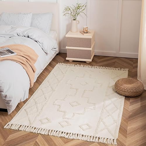 Miniatura 6 de joycloth Alfombra bohemia de 4 x 6 pies, geométrica copetuda con borlas, alfombra tejida de algodón lavable, alfombra decorativa para interiores y