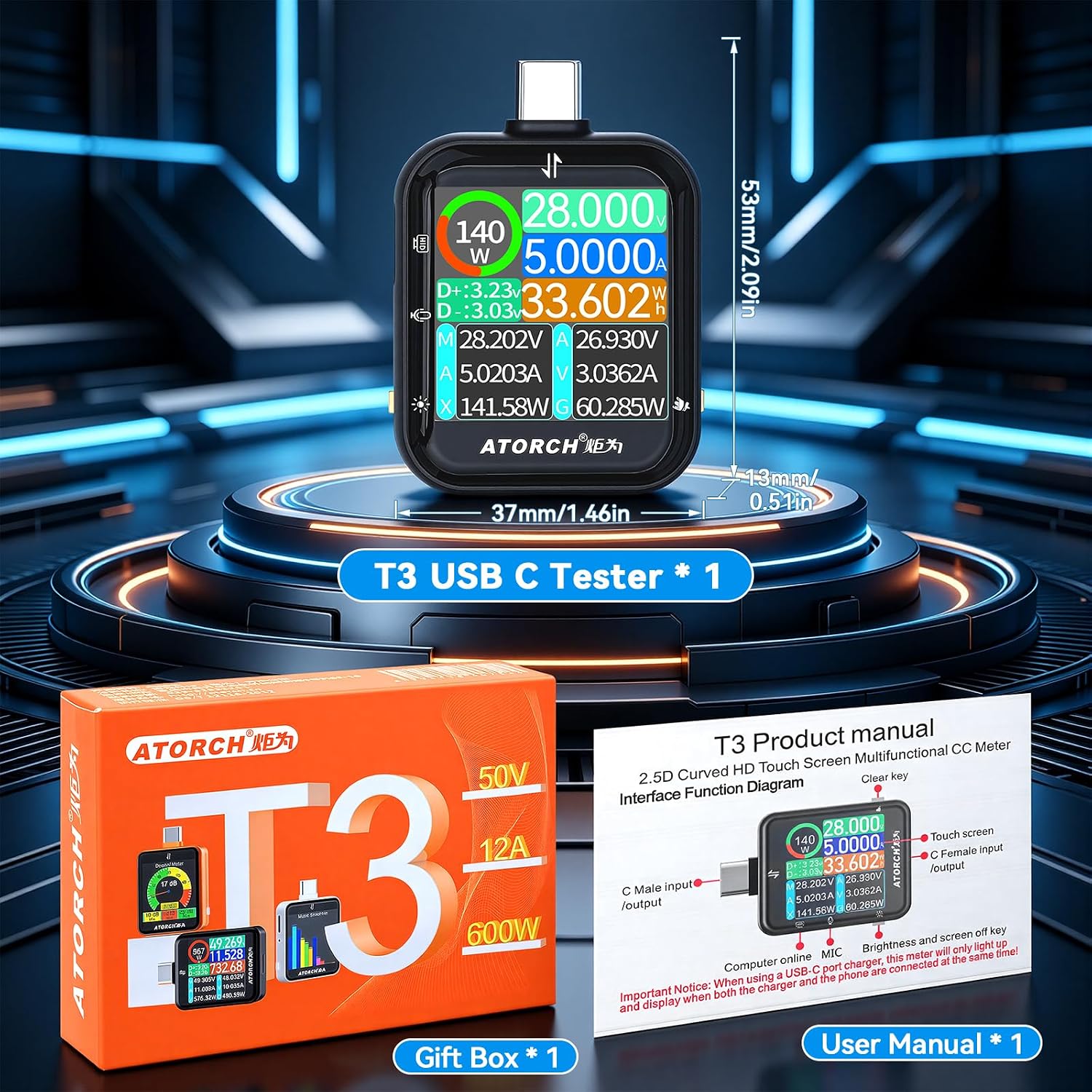 T3 USB C Tester, Digital Power Meter, 4.5-50V Voltmeter Ammeter with 2.5D Touch Screen, PD QC VOOC Fast Charging Protocol Detector, Bluetooth Data Transfer & Power Ripple Tester-Black
