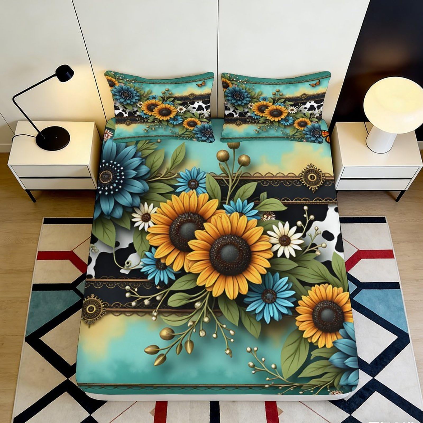 3D Printed Sunflower Floral Fitted Sheet Microfiber Soft Anti-Slip Blue Daisy Mattress Cover Bedroom Dorm Decor 90x200x25cm