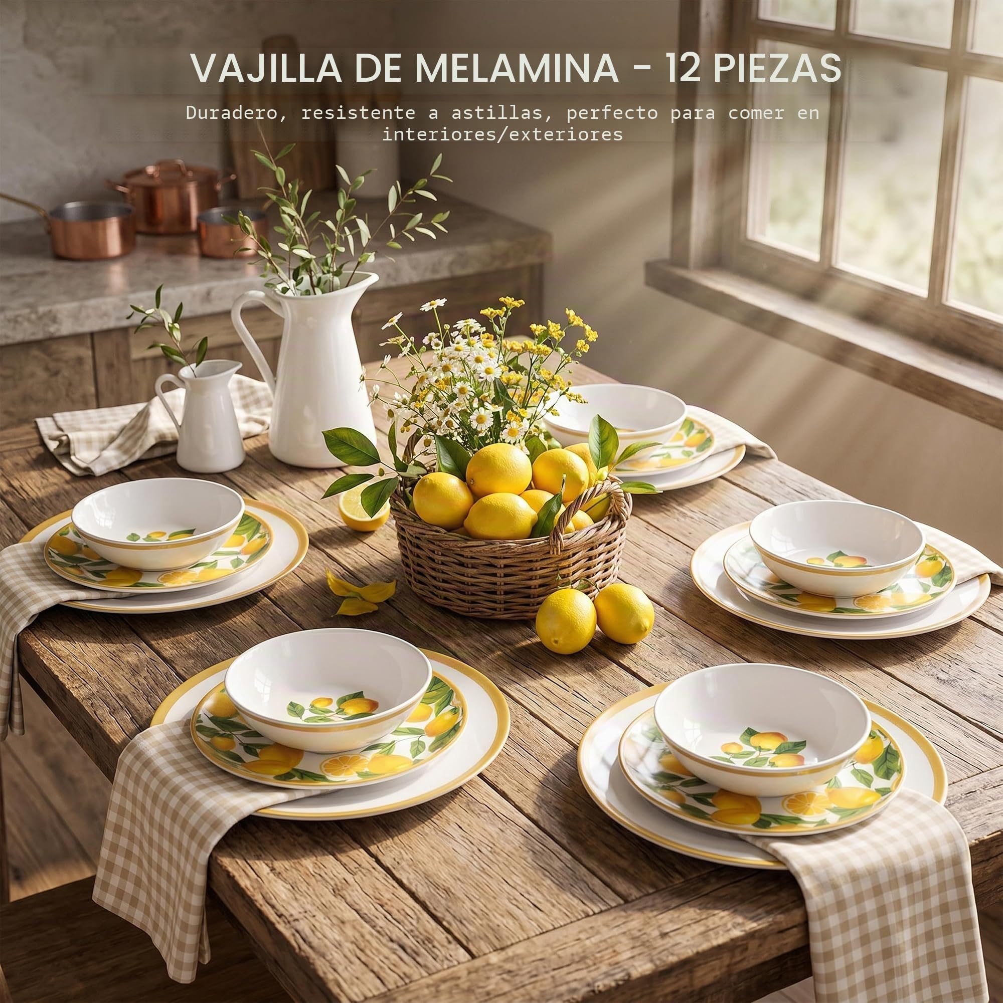 Vajilla de melamina de 12 piezas para 4 personas, diseño de limón, sin BPA, para interior y exterior