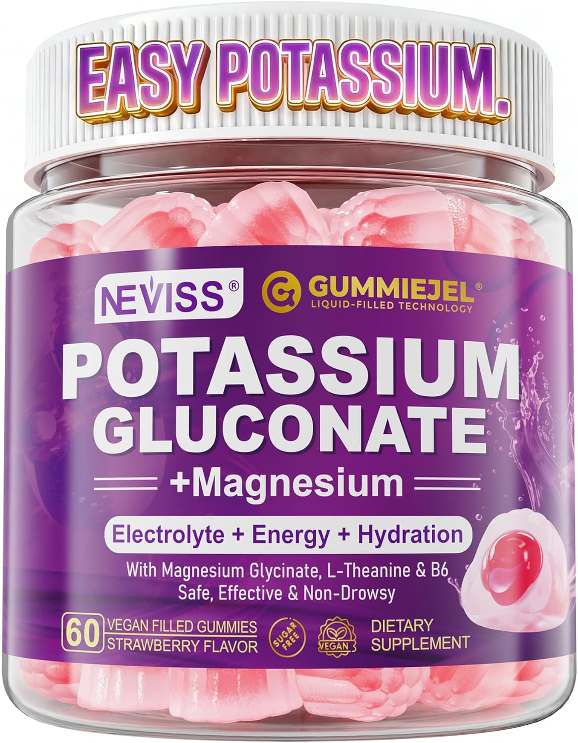 NEVISS Potassium Gluconate + Magnesium Glycinate Gummies w/ B6 & L-Theanine for Muscle Cramp & Leg Cramp Relief | Sugar-Free Electrolyte Supplement for Energy, Hydration & Calm Relax | Vegan, 60Cts